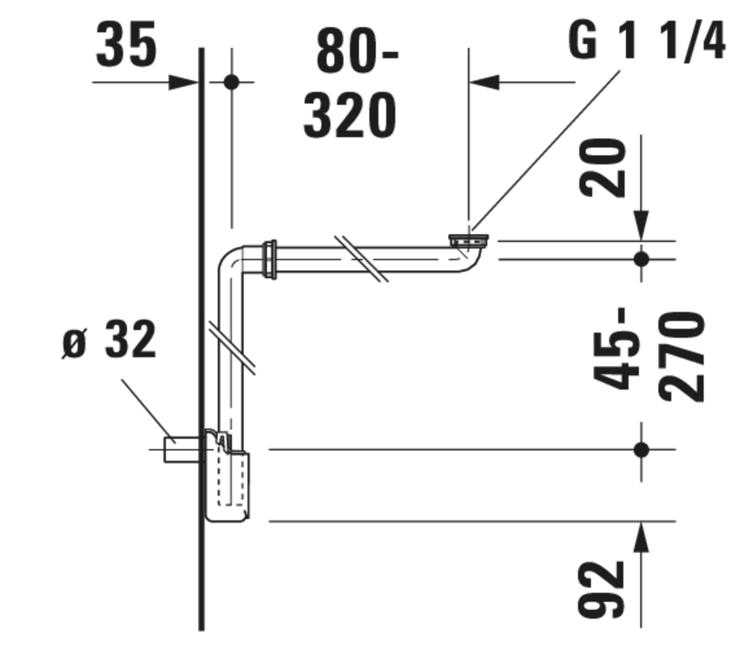 Technische Zeichnungen, Modell Nr.: 005076, Raumsparsiphon, 360 x 32 x 390 mm