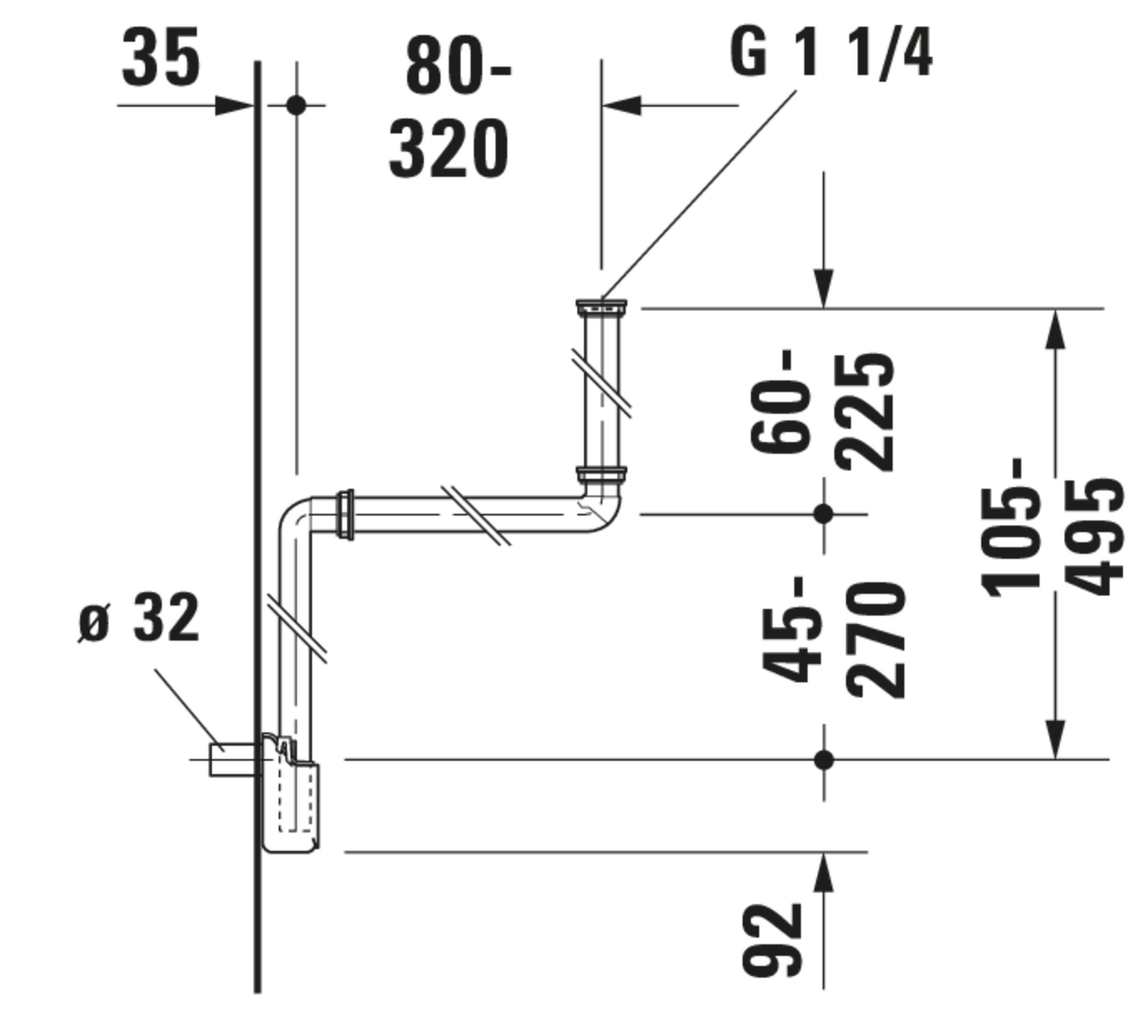 Technische Zeichnungen, Modell Nr.: 005076, Raumsparsiphon, 360 x 32 x 390 mm