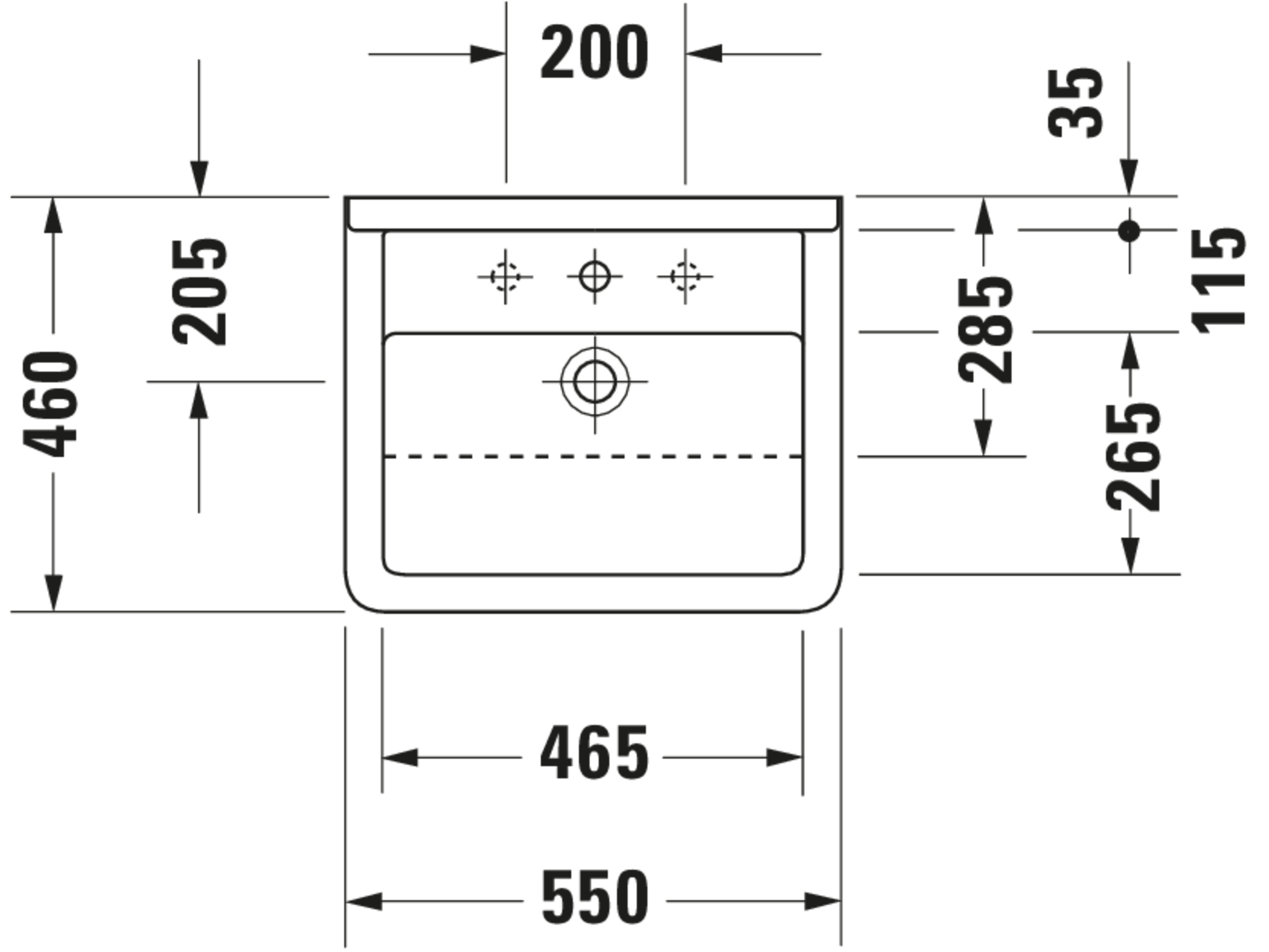 Technische Zeichnungen, Modell Nr.: 031055, Halbeinbauwaschtisch, 550 x 220 x 460 mm