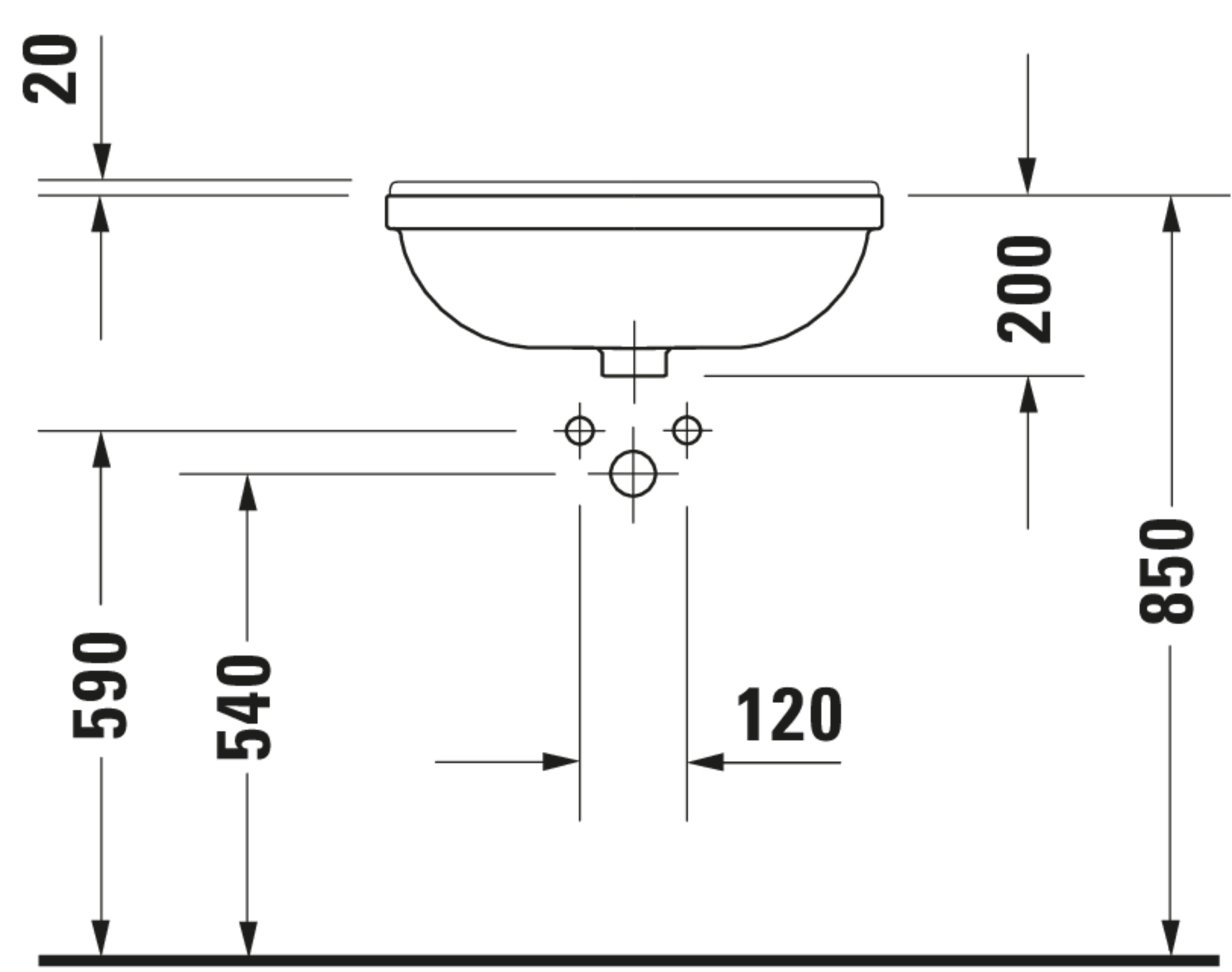 Technische Zeichnungen, Modell Nr.: 031055, Halbeinbauwaschtisch, 550 x 220 x 460 mm