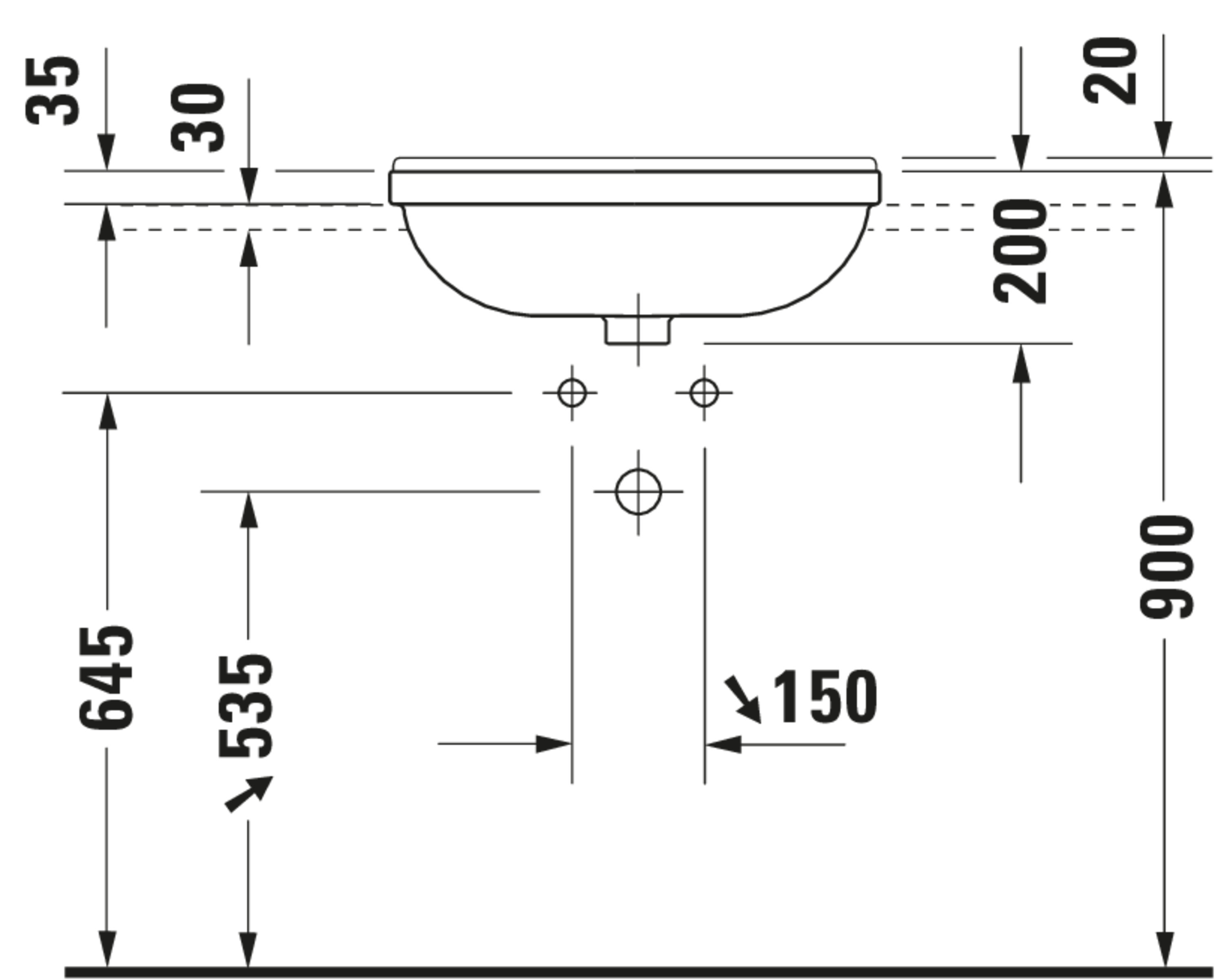Technische Zeichnungen, Modell Nr.: 031055, Halbeinbauwaschtisch, 550 x 220 x 460 mm