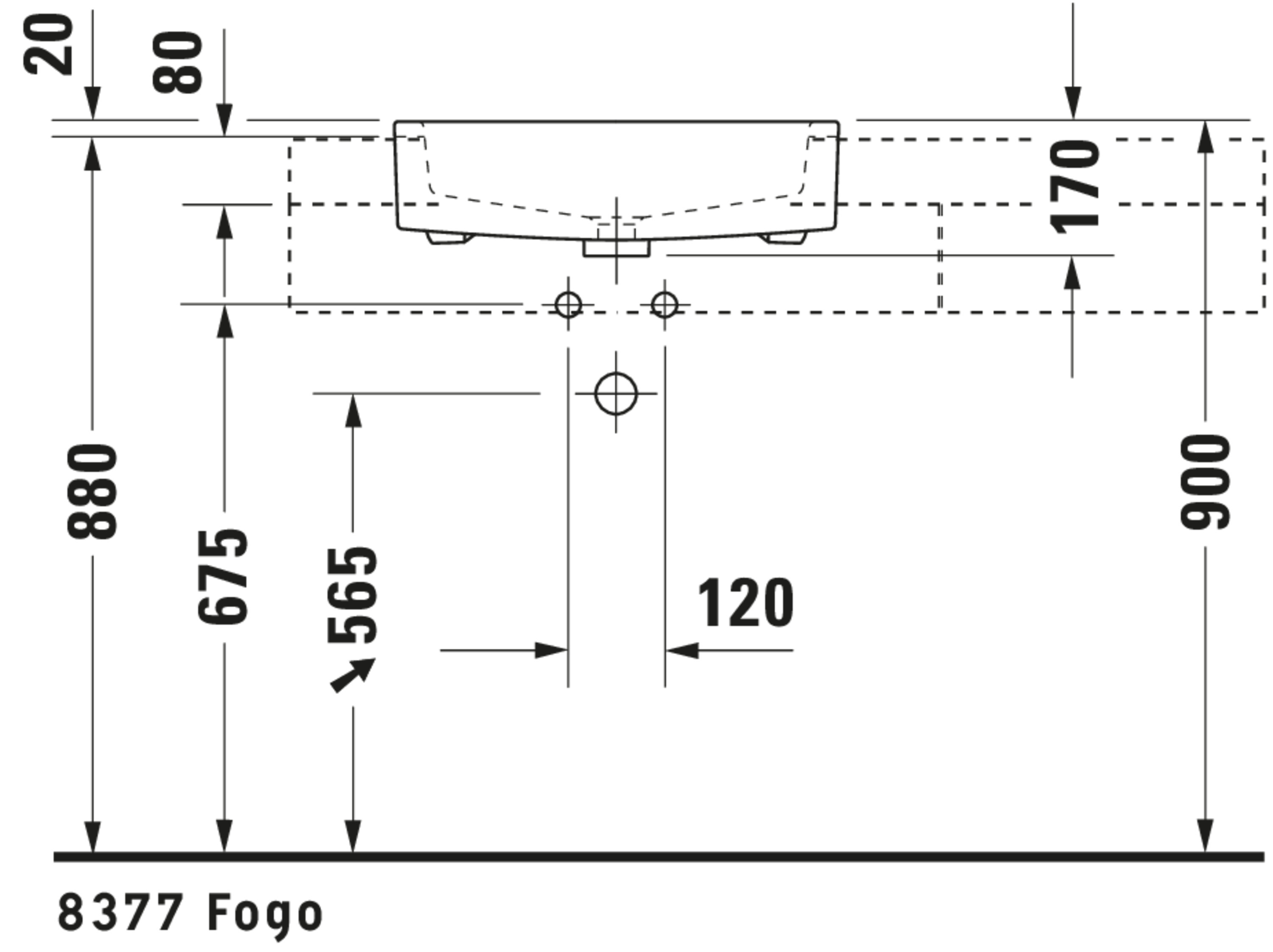 Technische Zeichnungen, Modell Nr.: 031455, Halbeinbauwaschtisch, 550 x 170 x 470 mm