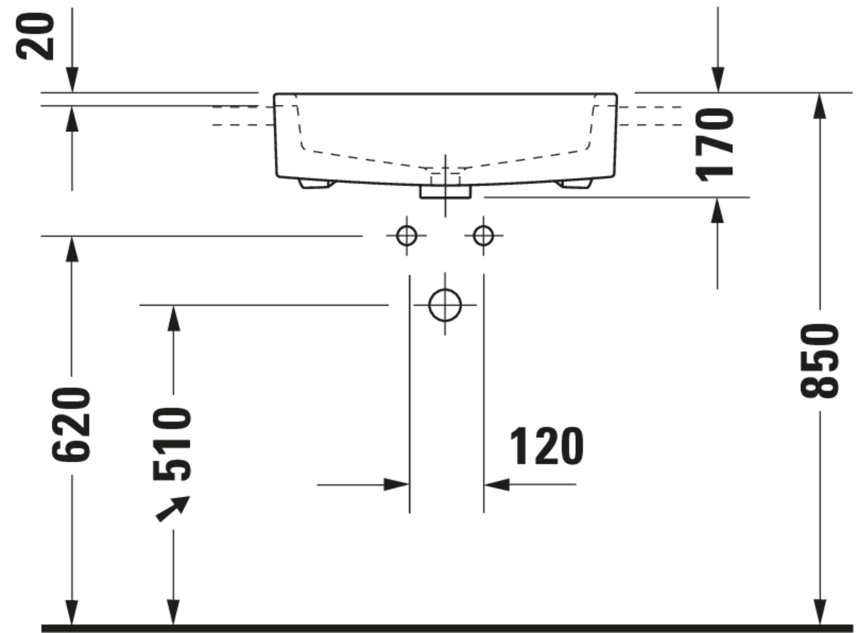 Technische Zeichnungen, Modell Nr.: 031455, Halbeinbauwaschtisch, 550 x 170 x 470 mm