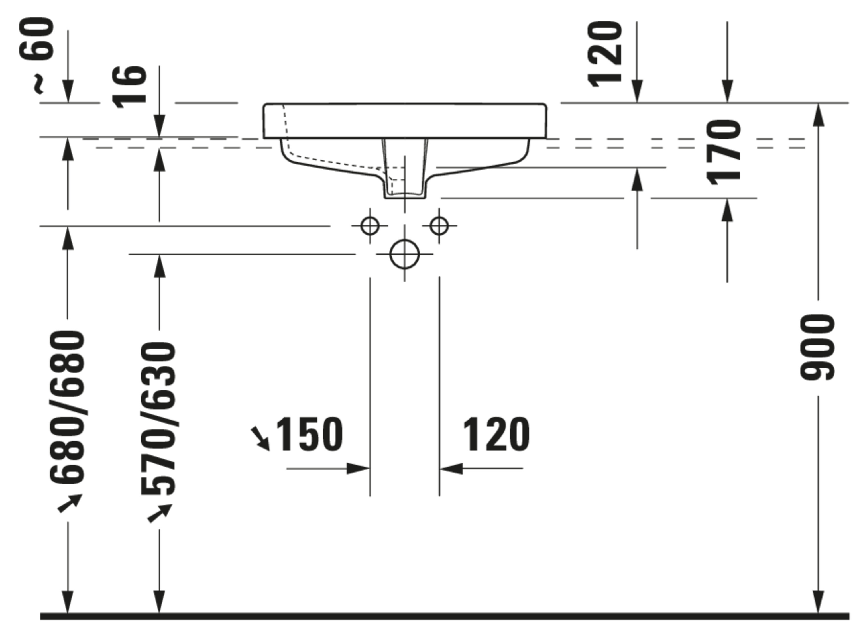Technische Zeichnungen, Modell Nr.: 031550, Einbauwaschtisch, 500 x 170 x 465 mm