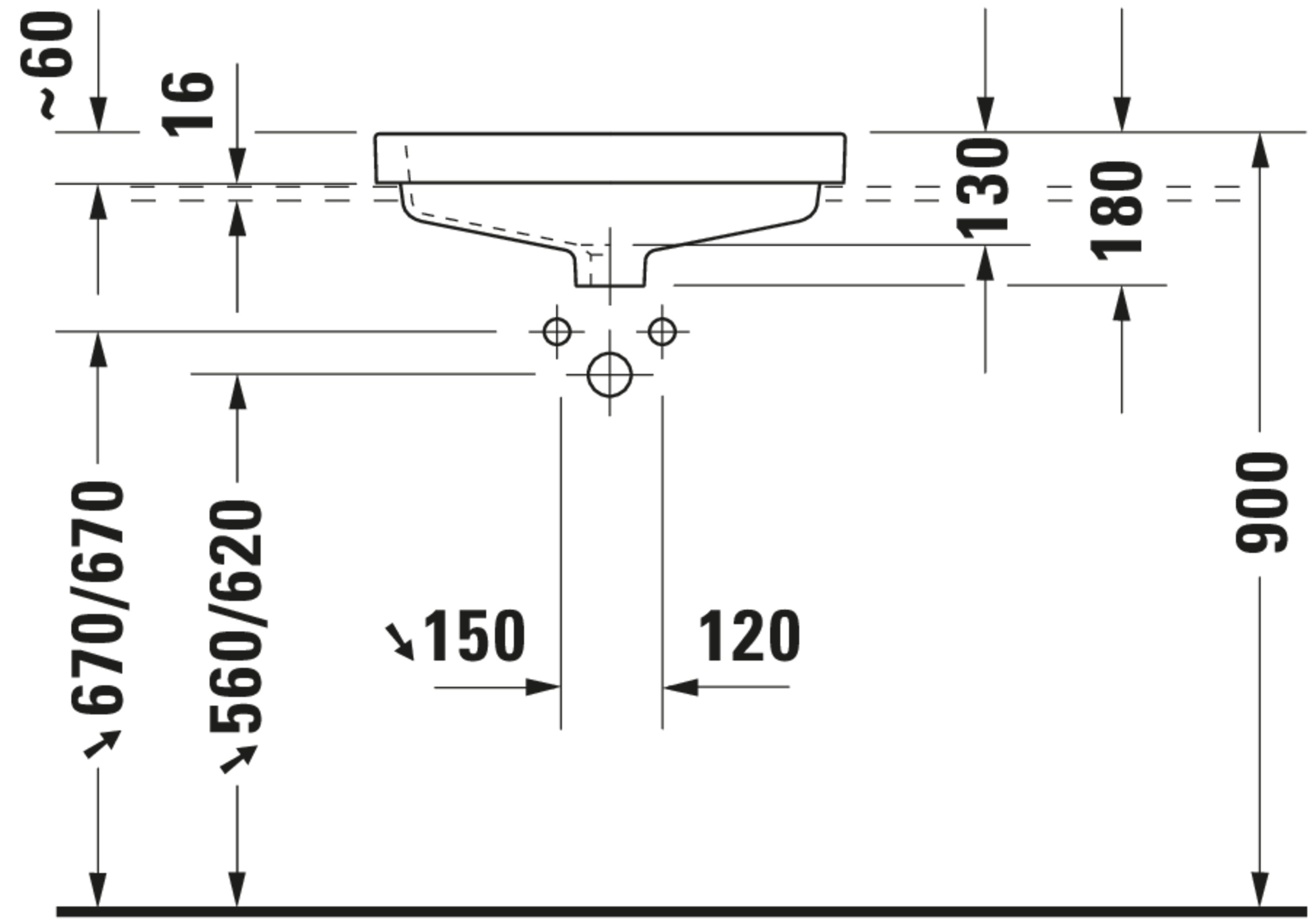 Technische Zeichnungen, Modell Nr.: 031555, Einbauwaschtisch, 550 x 180 x 465 mm