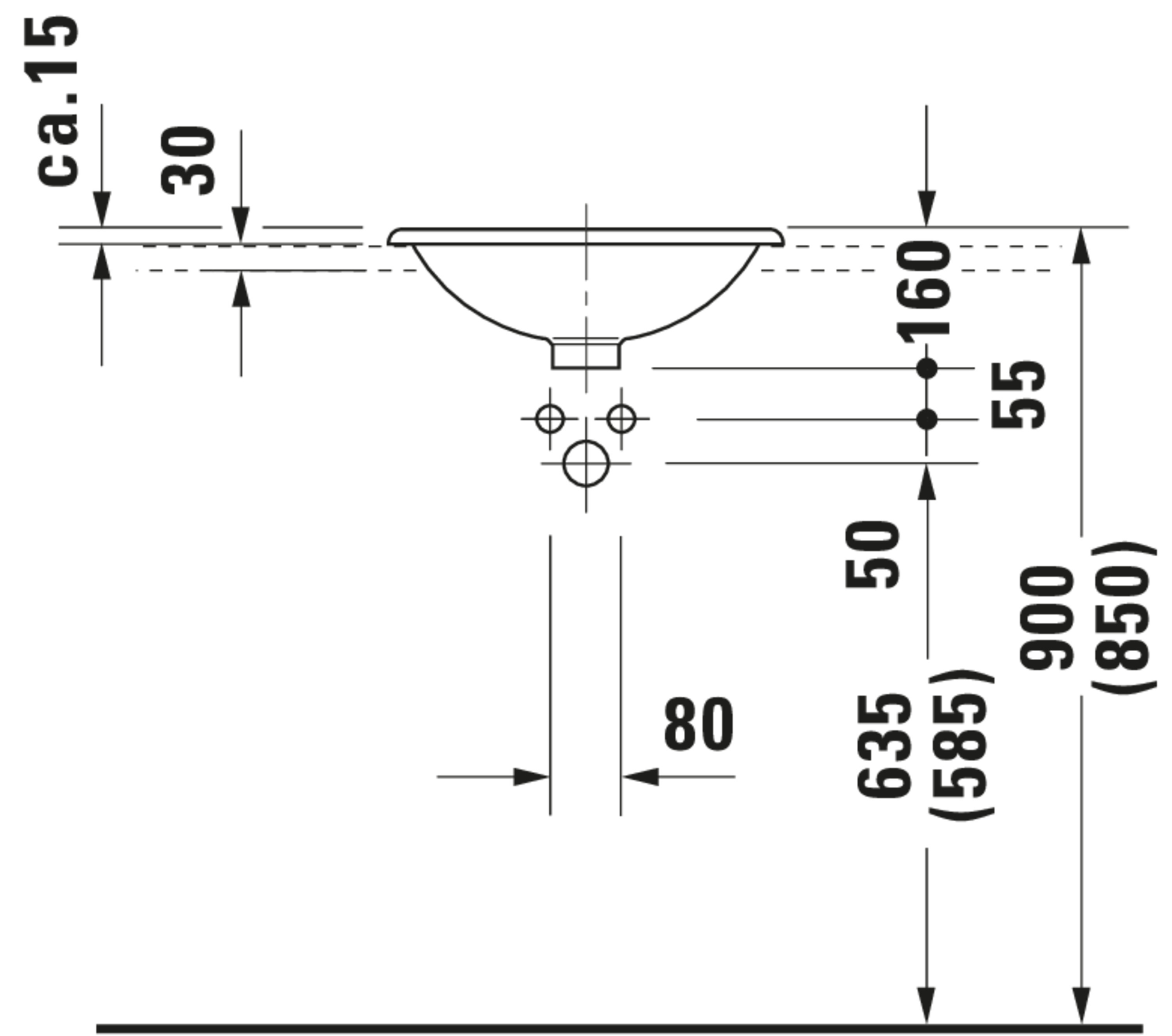 Technische Zeichnungen, Modell Nr.: 031845, Einbauwaschtisch, 450 x 160 x 450 mm