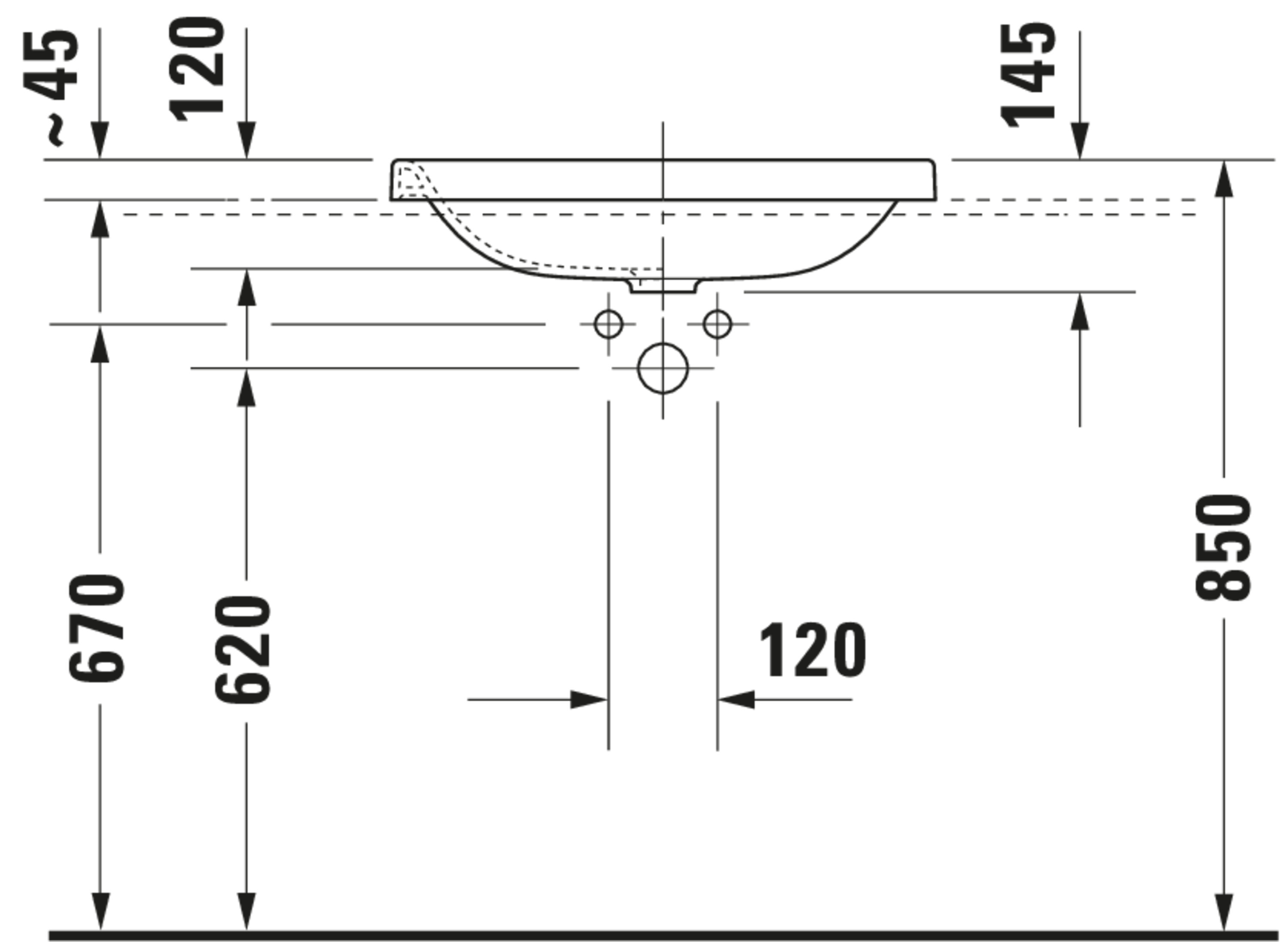Technische Zeichnungen, Modell Nr.: 037260, Einbauwaschtisch, 600 x 145 x 430 mm