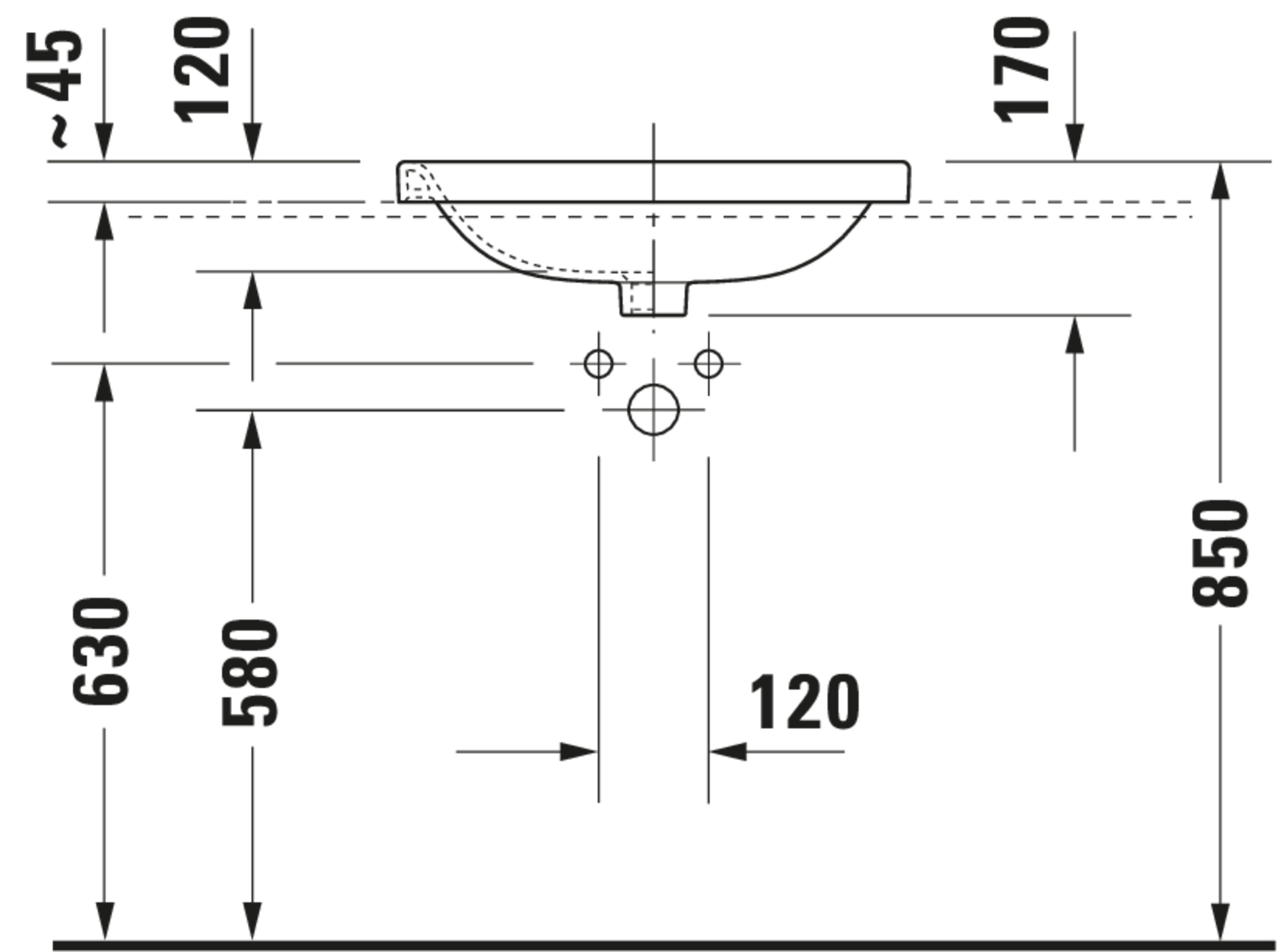 Technische Zeichnungen, Modell Nr.: 037456, Einbauwaschtisch, 560 x 170 x 455 mm