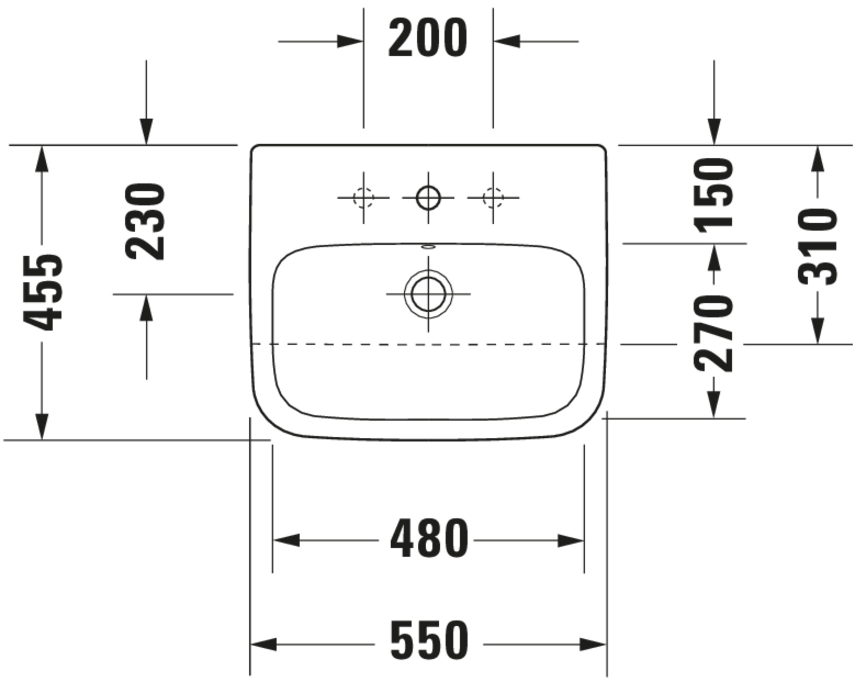 Technische Zeichnungen, Modell Nr.: 037555, Halbeinbauwaschtisch, 550 x 170 x 455 mm