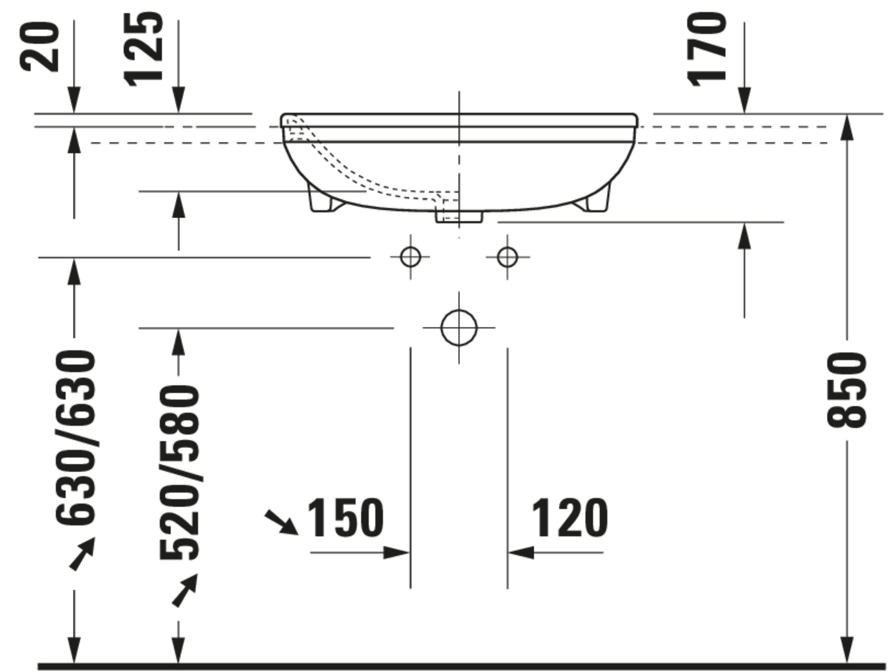 Technische Zeichnungen, Modell Nr.: 037555, Halbeinbauwaschtisch, 550 x 170 x 455 mm