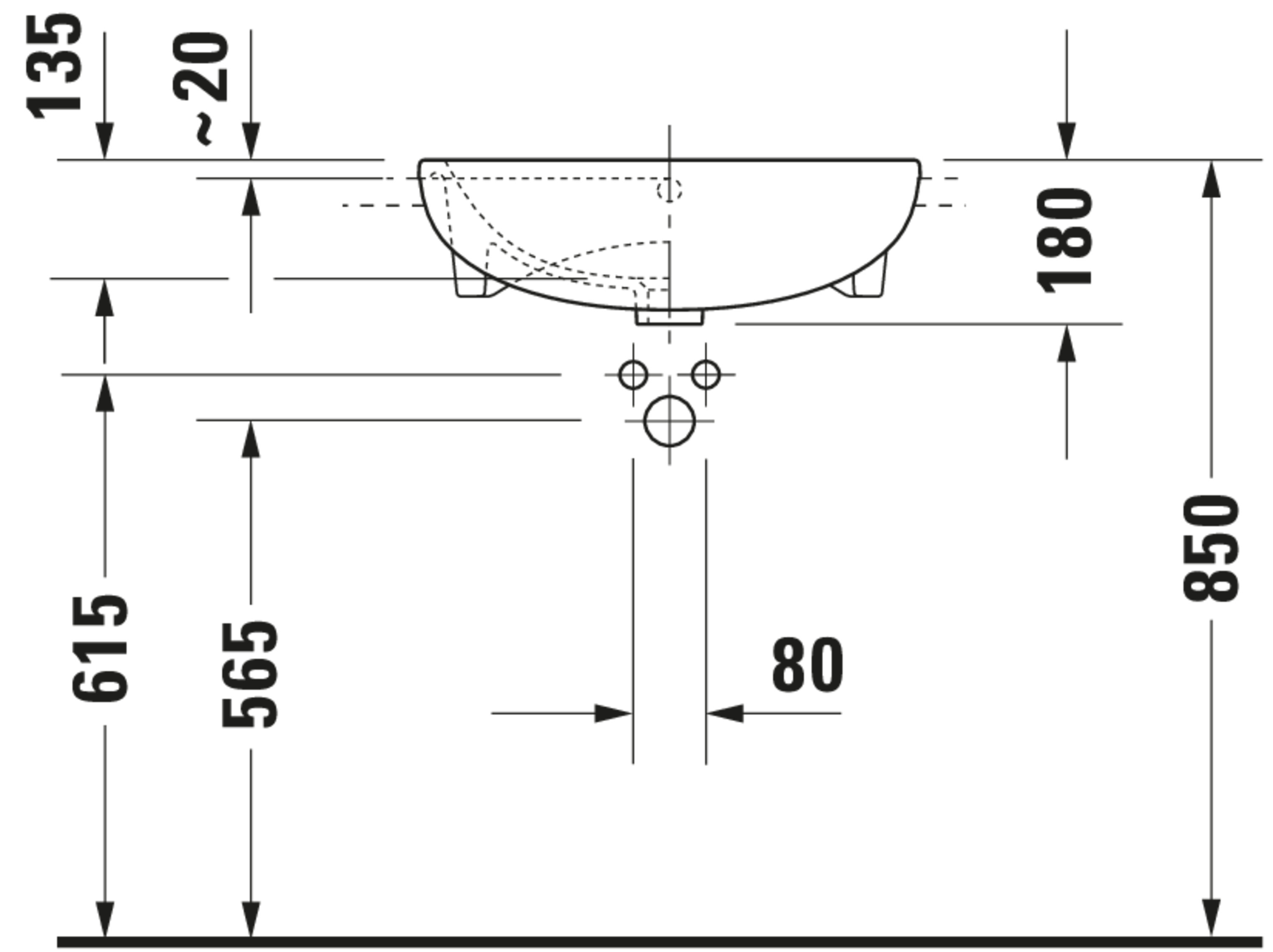 Technische Zeichnungen, Modell Nr.: 037855, Halbeinbauwaschtisch, 550 x 180 x 455 mm