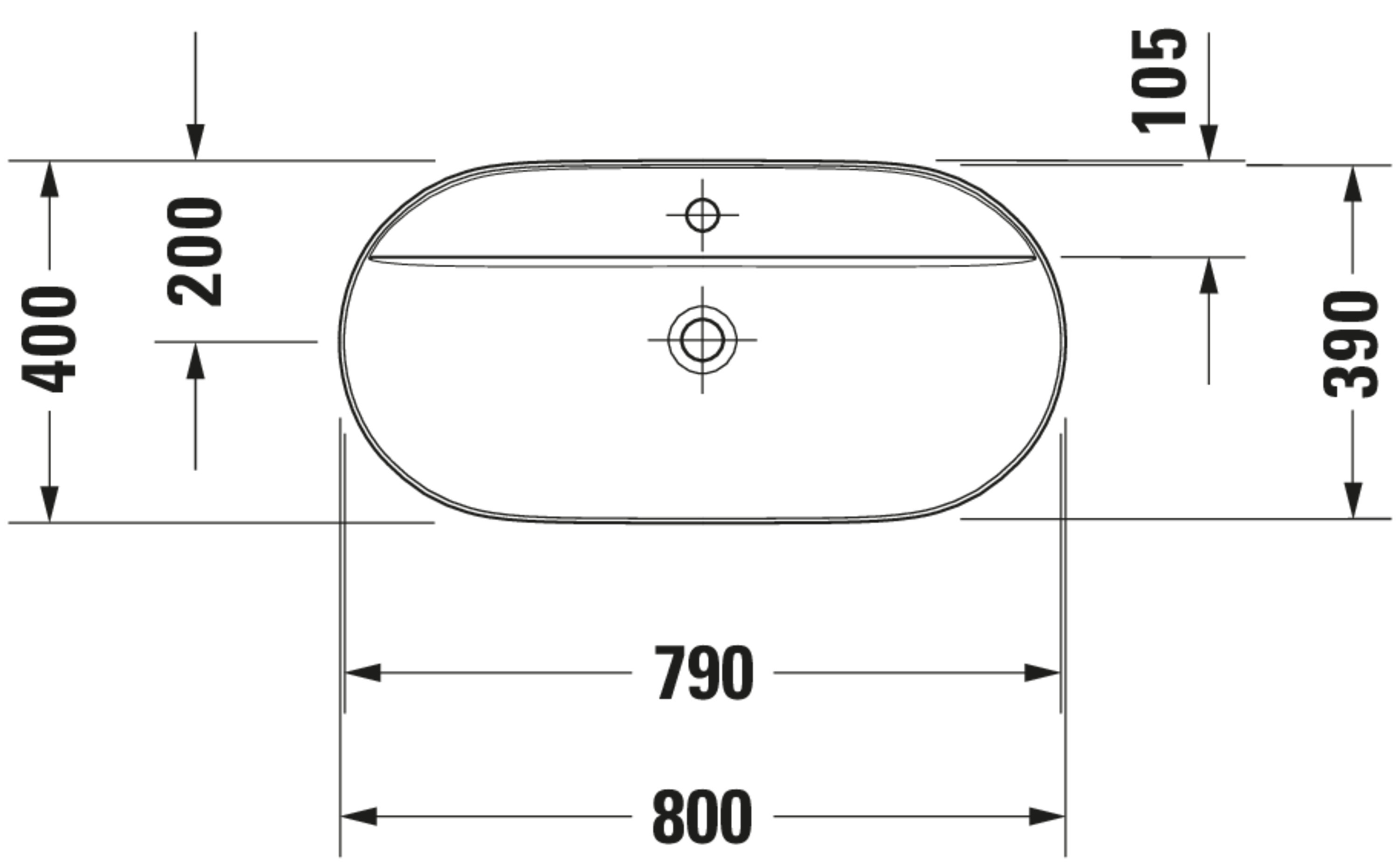 Technische Zeichnungen, Modell Nr.: 038080, Aufsatzbecken, 800 x 140 x 400 mm