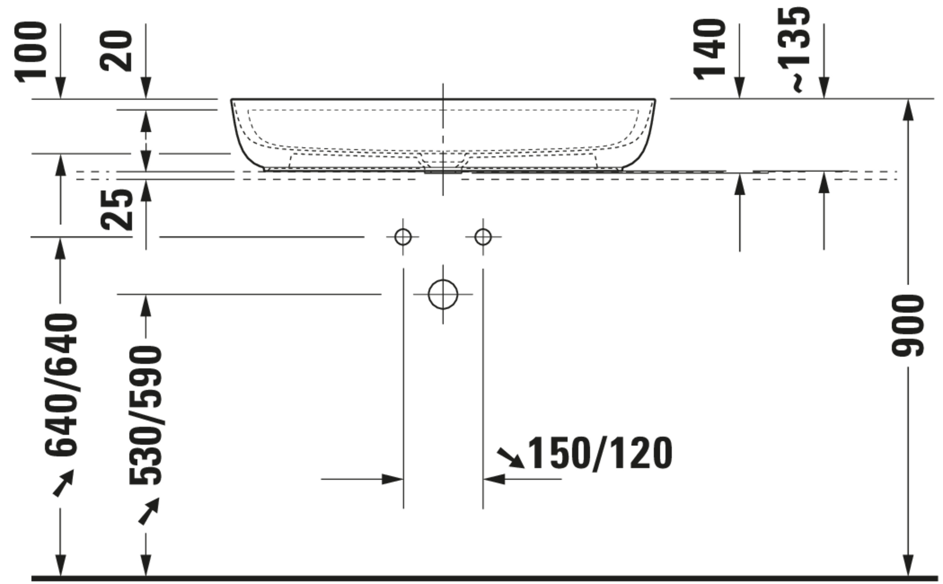 Technische Zeichnungen, Modell Nr.: 038080, Aufsatzbecken, 800 x 140 x 400 mm