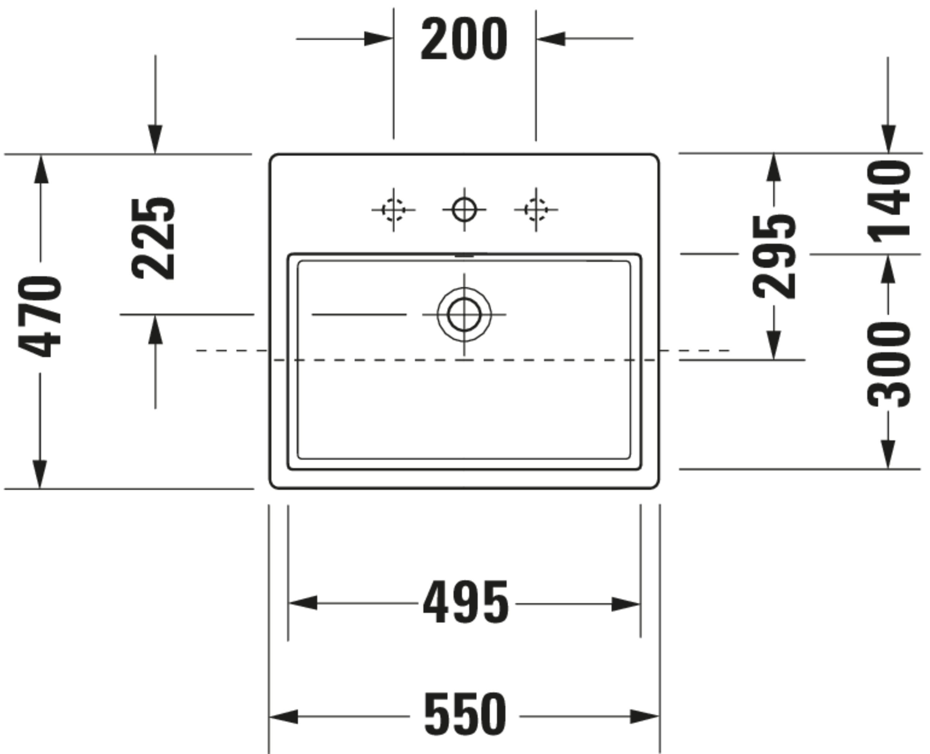 Technische Zeichnungen, Modell Nr.: 038255, Halbeinbauwaschtisch, 550 x 165 x 470 mm
