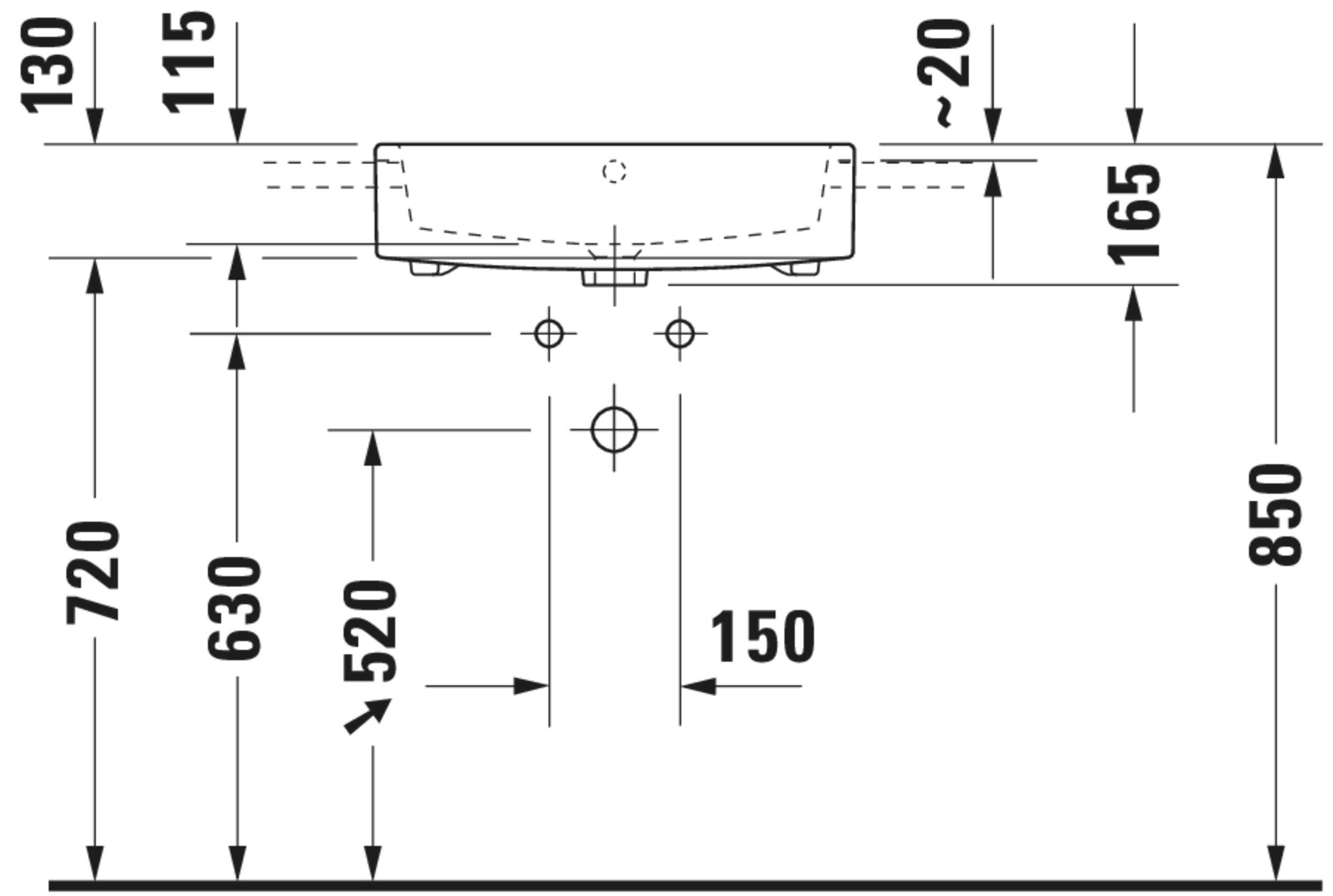 Technische Zeichnungen, Modell Nr.: 038255, Halbeinbauwaschtisch, 550 x 165 x 470 mm