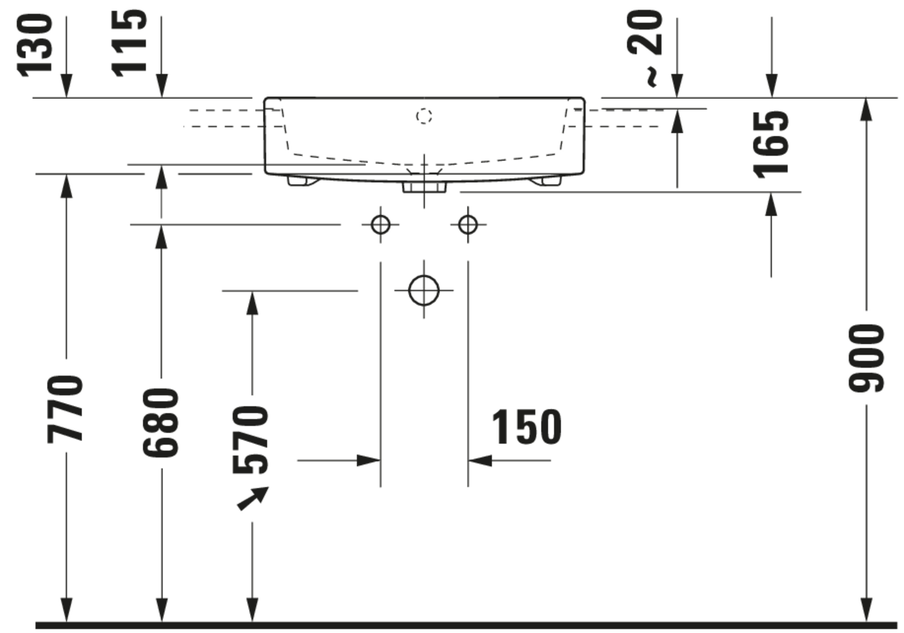Technische Zeichnungen, Modell Nr.: 038255, Halbeinbauwaschtisch, 550 x 165 x 470 mm