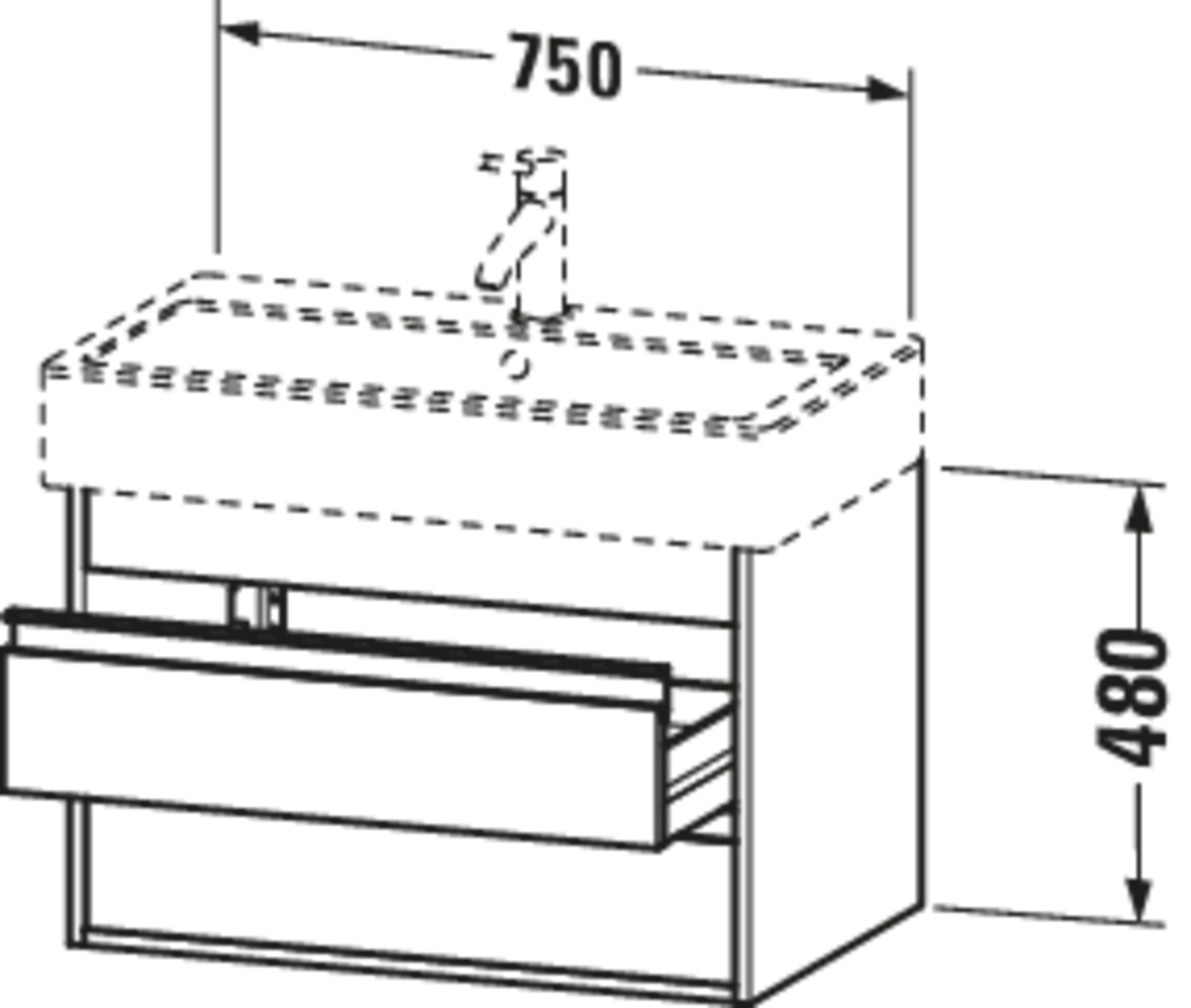 Technische Zeichnungen, Modell Nr.: KT6637, Waschtischunterbau wandhängend, 750 x 480 x 440 mm