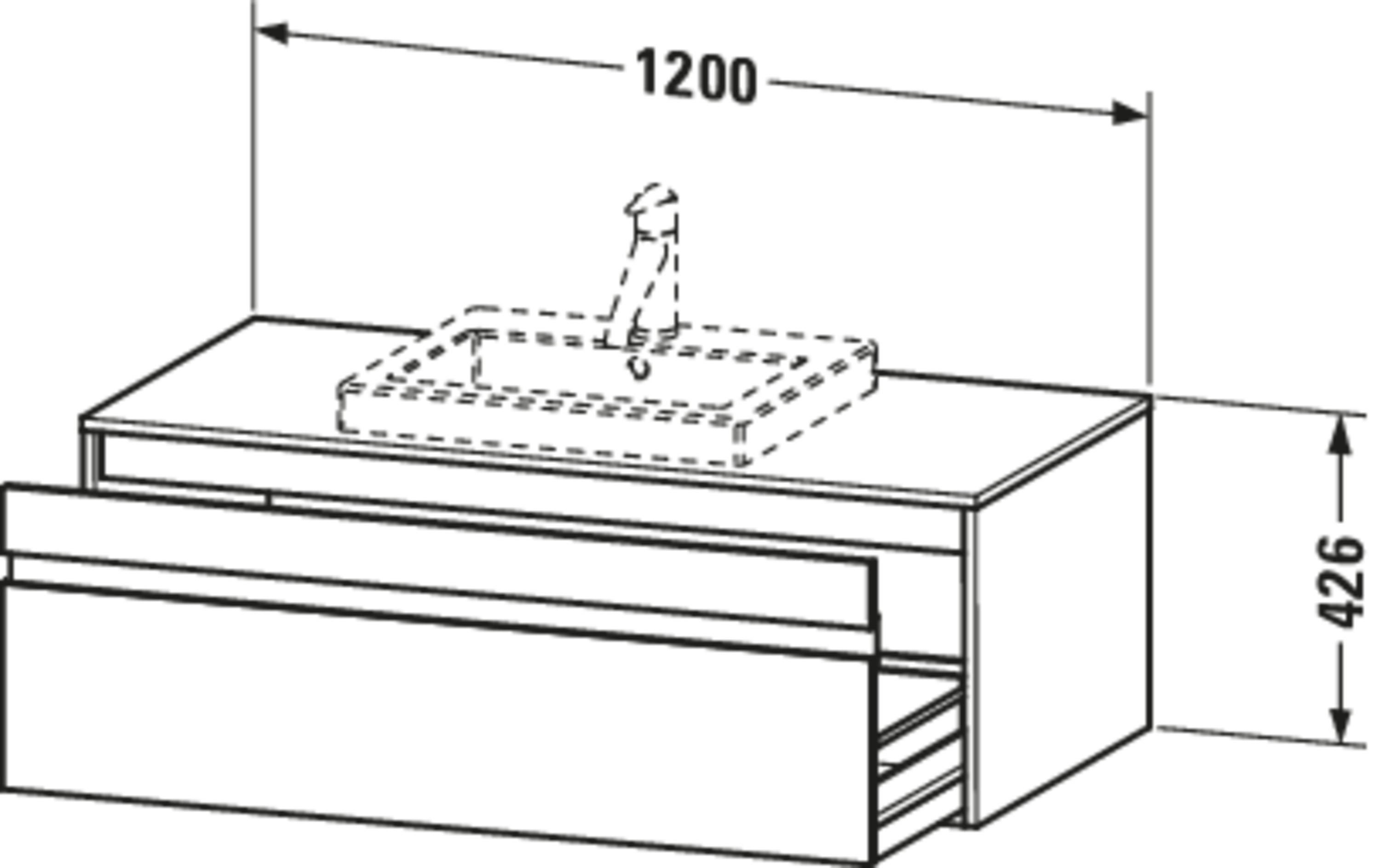 Technische Zeichnungen, Modell Nr.: KT6796, Konsolenwaschtischunterbau wandhängend, 1200 x 426 x 550 mm