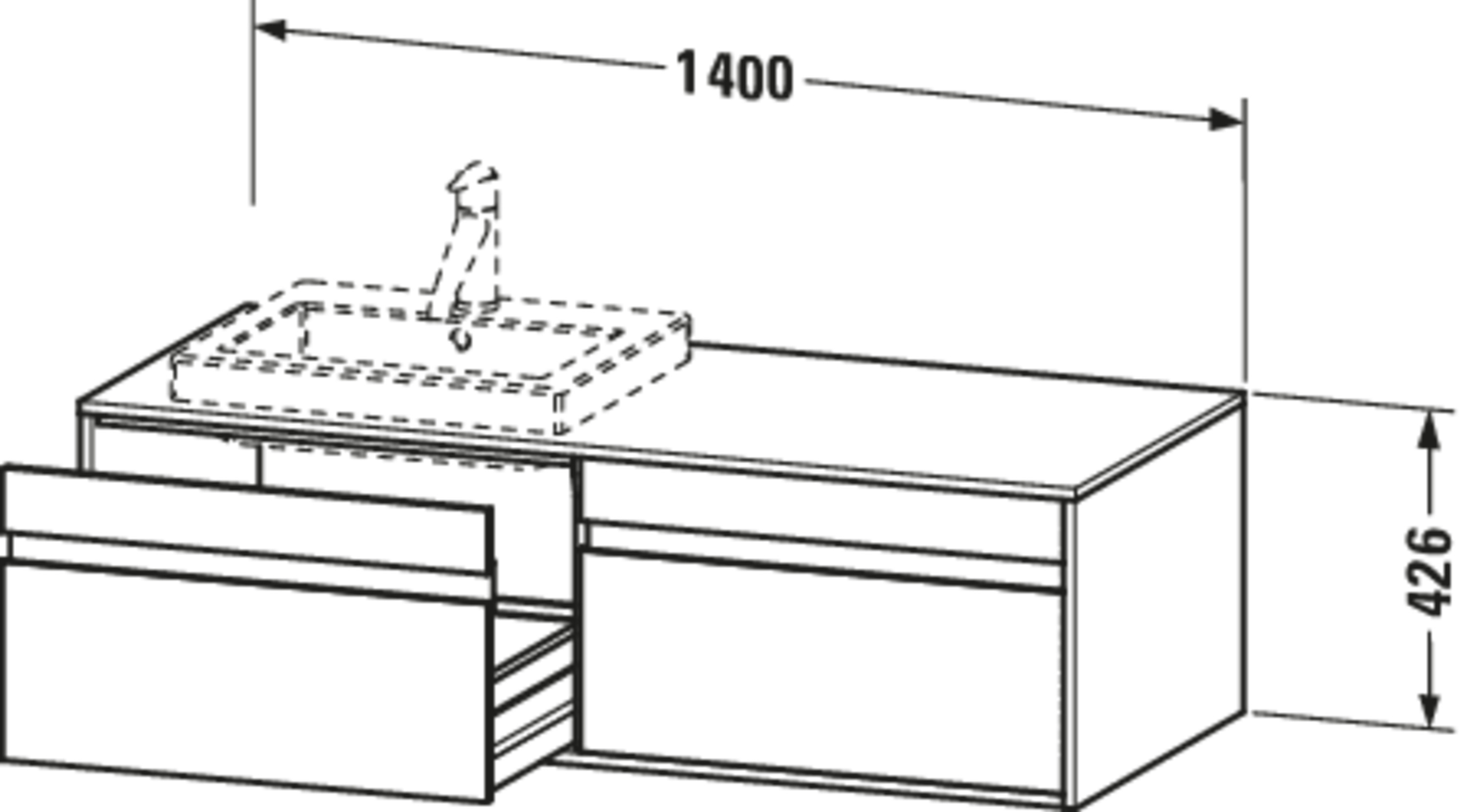 Technische Zeichnungen, Modell Nr.: KT6797, Konsolenwaschtischunterbau wandhängend, 1400 x 426 x 550 mm