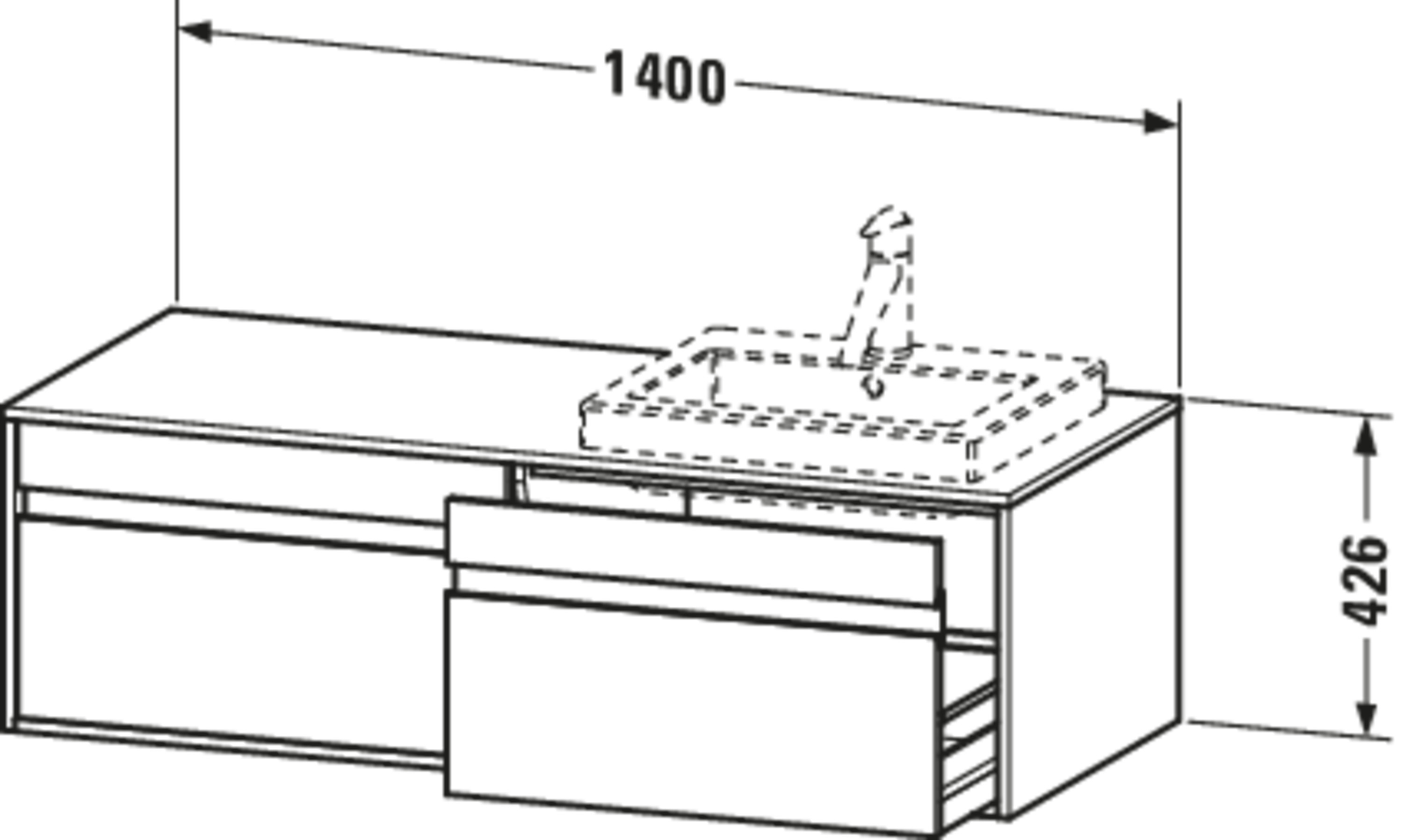 Technische Zeichnungen, Modell Nr.: KT6797, Konsolenwaschtischunterbau wandhängend, 1400 x 426 x 550 mm