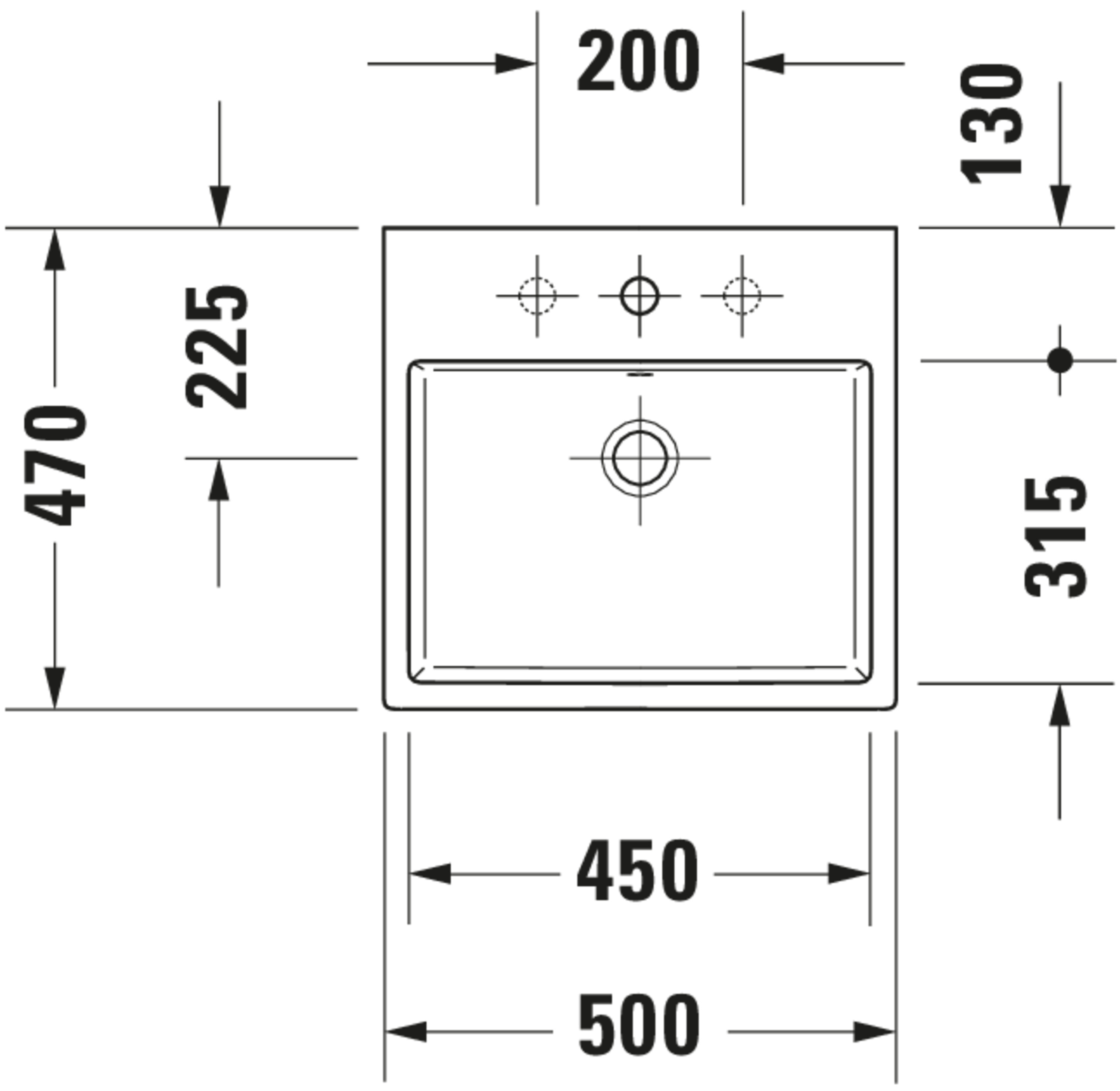 Technische Zeichnungen, Modell Nr.: 235250, Aufsatzbecken, 500 x 165 x 470 mm