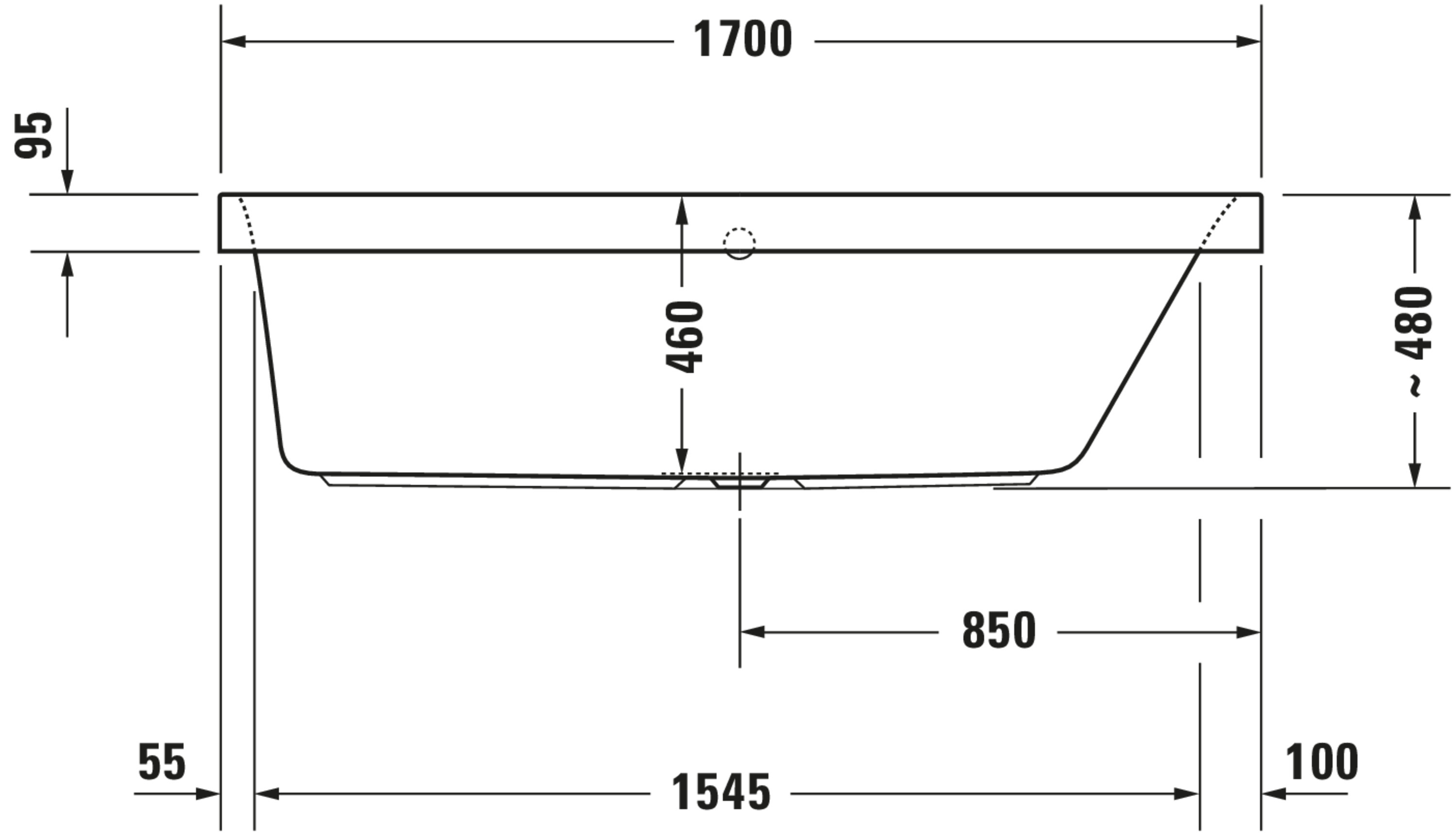 Technische Zeichnungen, Modell Nr.: 700313, Badewanne, Weiß, 1700 x 480 x 750 mm