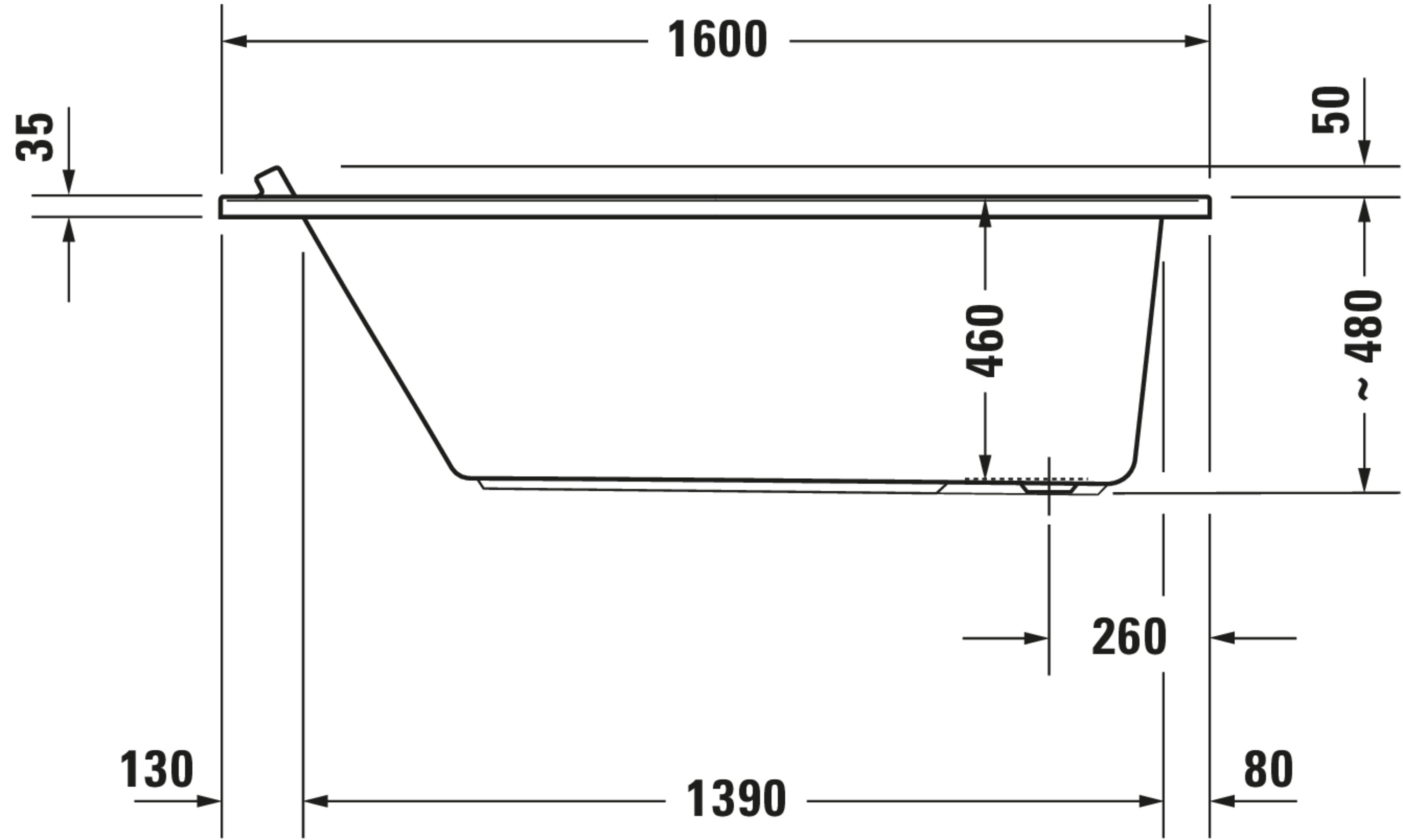 Technische Zeichnungen, Modell Nr.: 700333, Badewanne, Weiß, 1600 x 480 x 700 mm