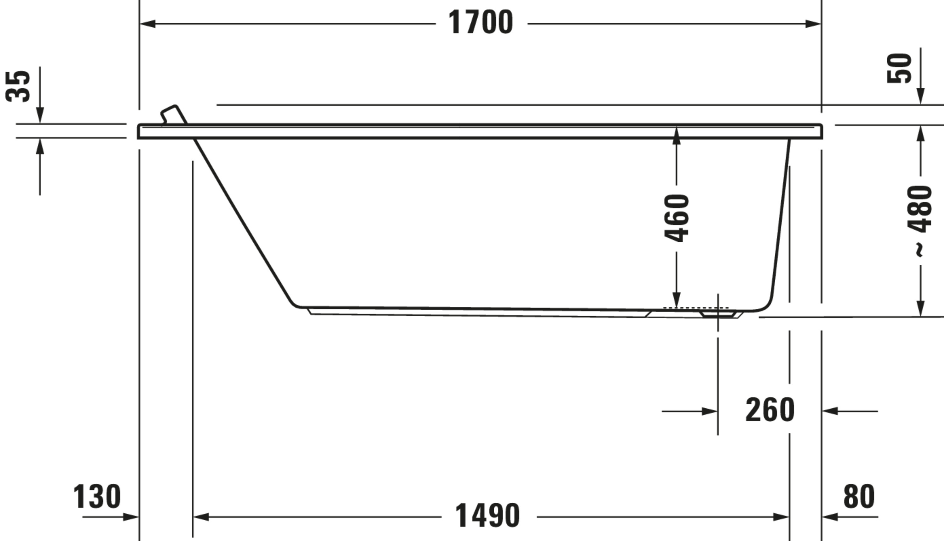 Technische Zeichnungen, Modell Nr.: 700336, Badewanne, Weiß, 1700 x 480 x 800 mm