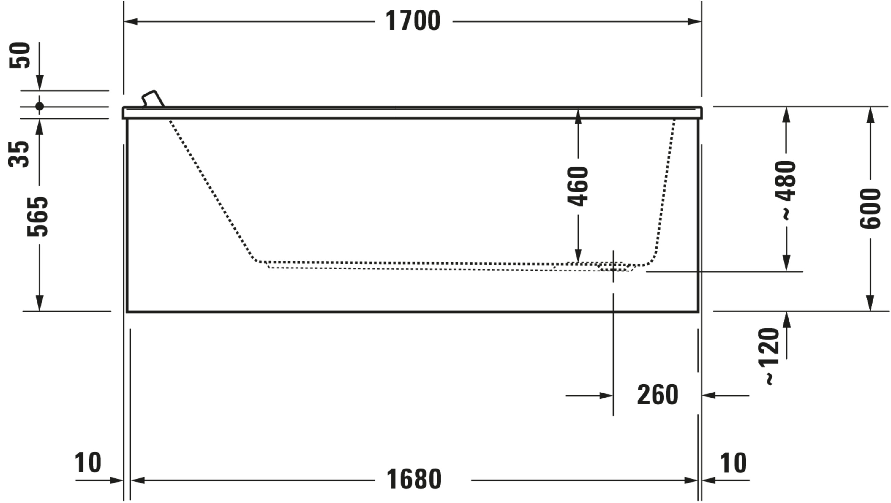 Technische Zeichnungen, Modell Nr.: 700336, Badewanne, Weiß, 1700 x 480 x 800 mm