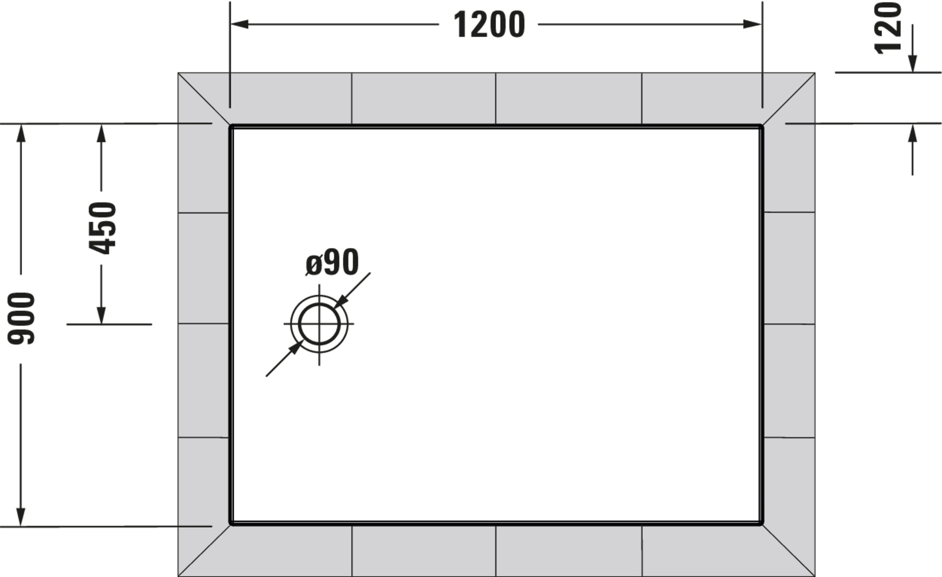 Technische Zeichnungen, Modell Nr.: 720198, Duschwanne, Weiß, 1200 x 45 x 900 mm