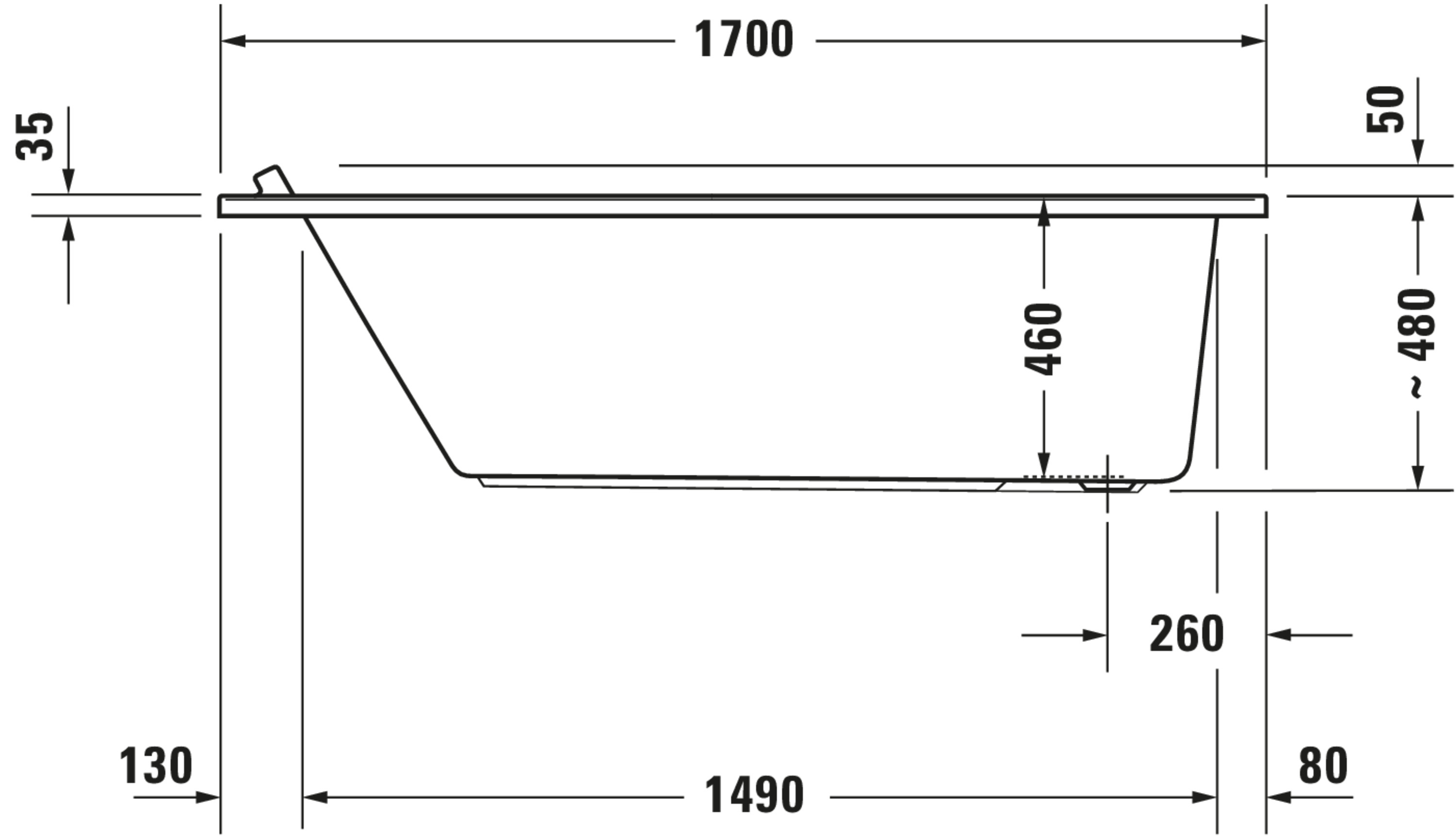 Technische Zeichnungen, Modell Nr.: 760336, Whirlwanne, Weiß, 1700 x 480 x 800 mm