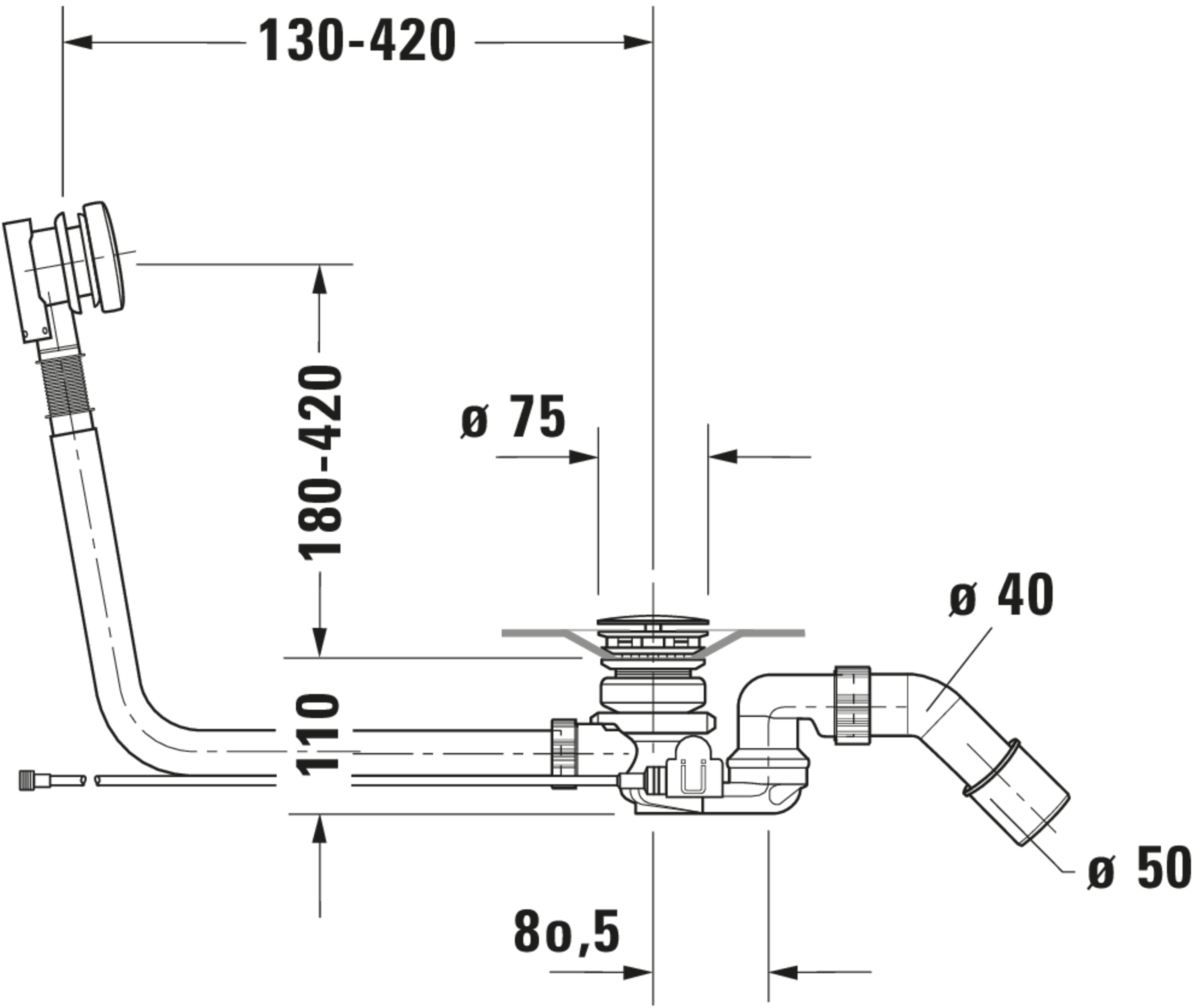 Technische Zeichnungen, Modell Nr.: 791226, Ab- und Überlaufgarnitur mit Zulauf, 460 x 570 x 80 mm