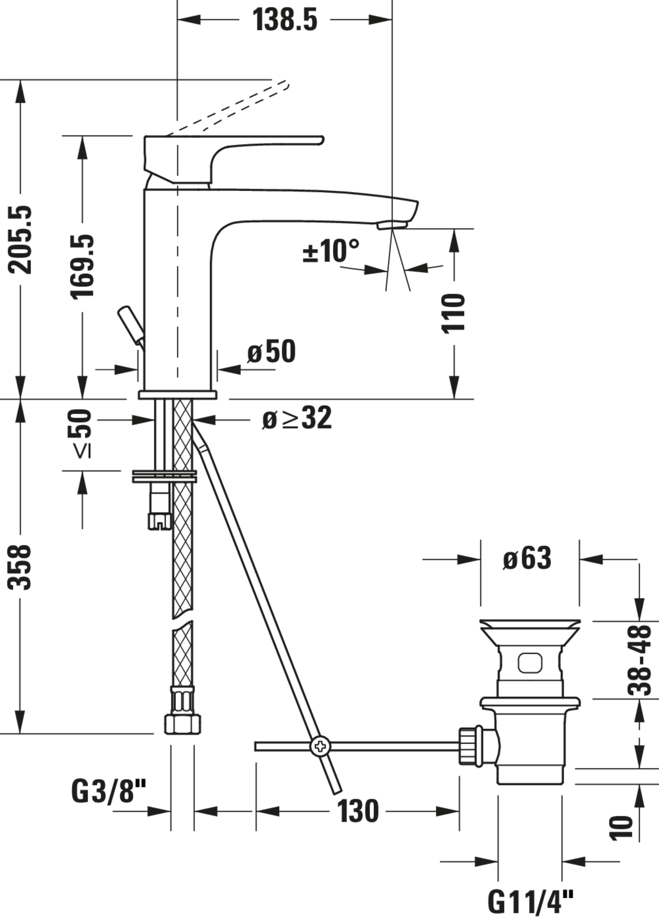 Technische Zeichnungen, Modell Nr.: B11020001, Einhebel-Waschtischmischer, Chrom, 175 x 170 x 50 mm