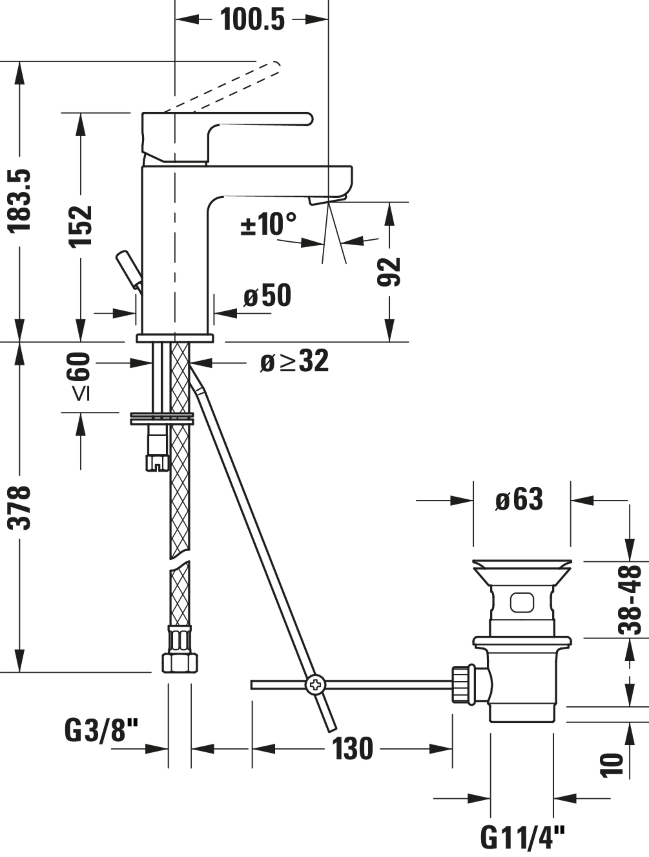 Technische Zeichnungen, Modell Nr.: B21010001, Einhebel-Waschtischmischer, Chrom, 137 x 152 x 42 mm