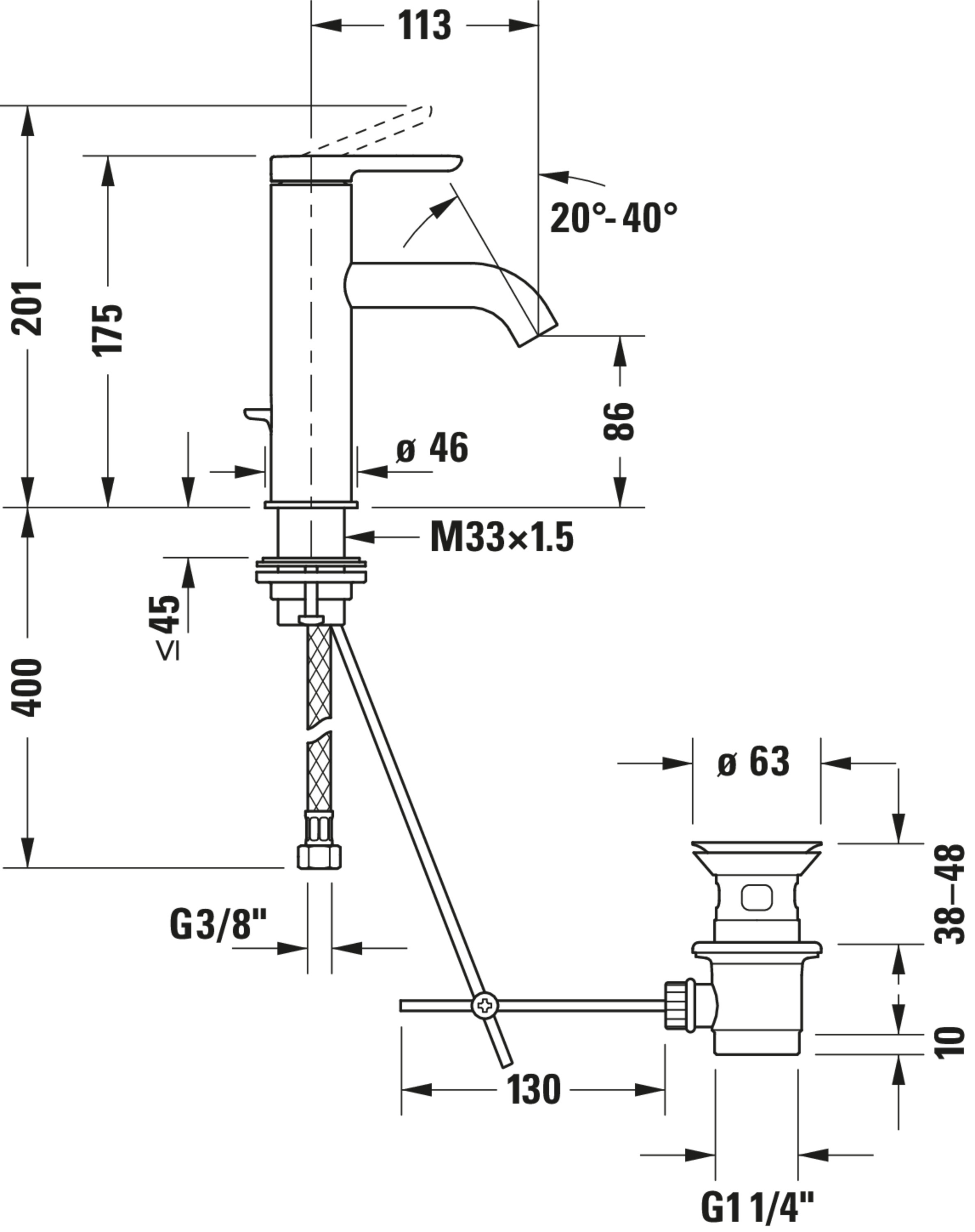 Technische Zeichnungen, Modell Nr.: C11020001, Einhebel-Waschtischmischer, Chrom, 143 x 175 x 40 mm