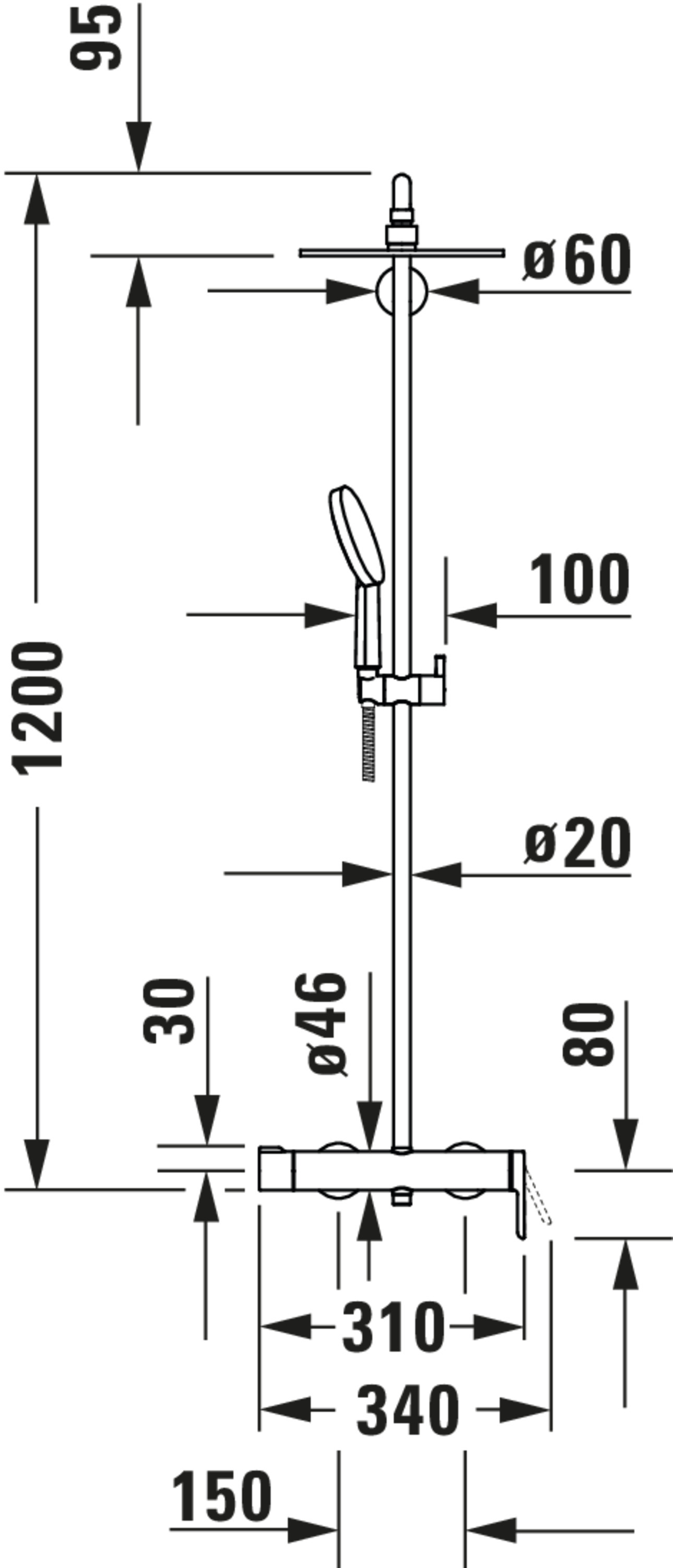 Technische Zeichnungen, Modell Nr.: C14280007, Duschsystem, Chrom, 310 x 1200 x 460 mm