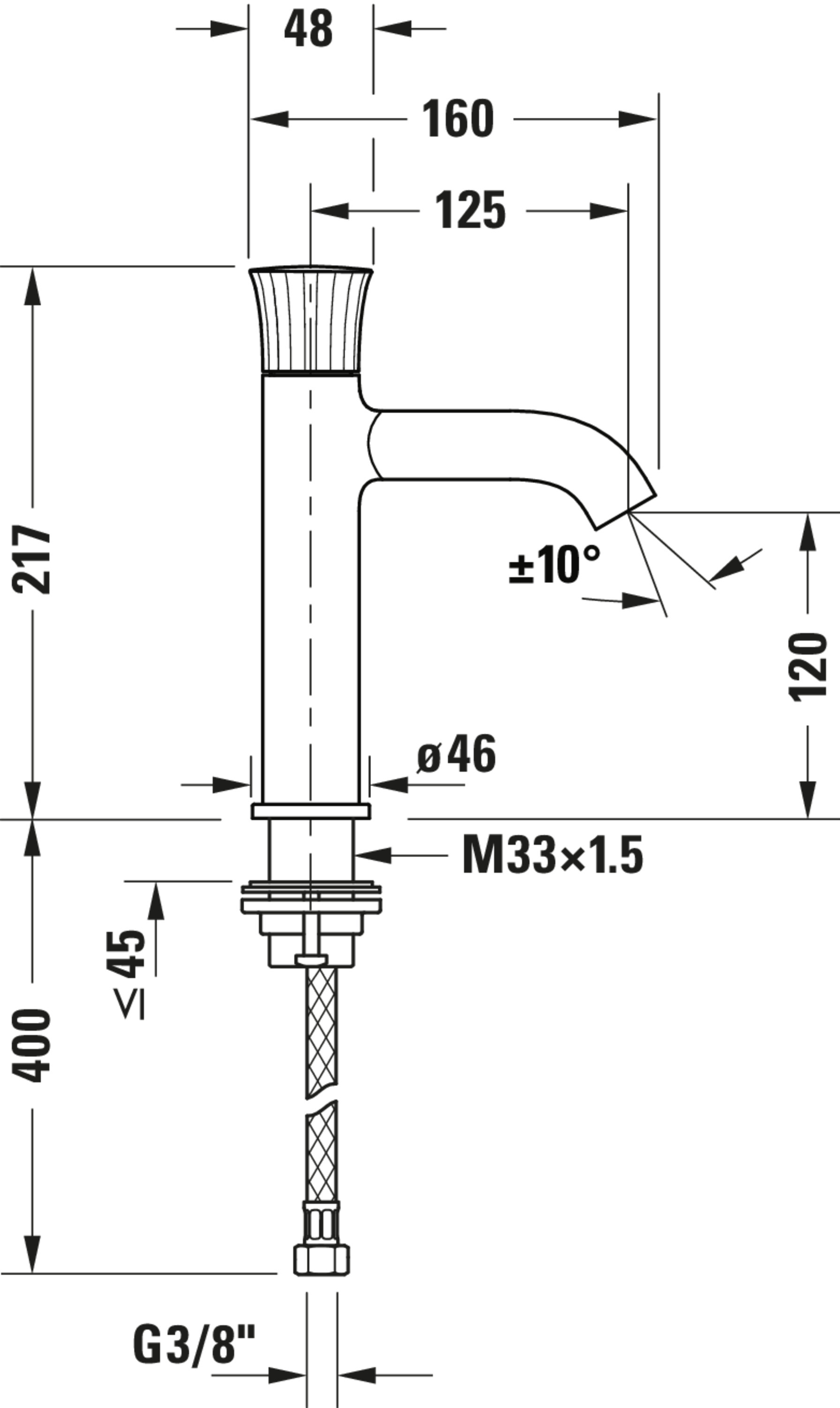 Technische Zeichnungen, Modell Nr.: WT1020002, Einhebel-Waschtischmischer, 48 x 217 x 160 mm