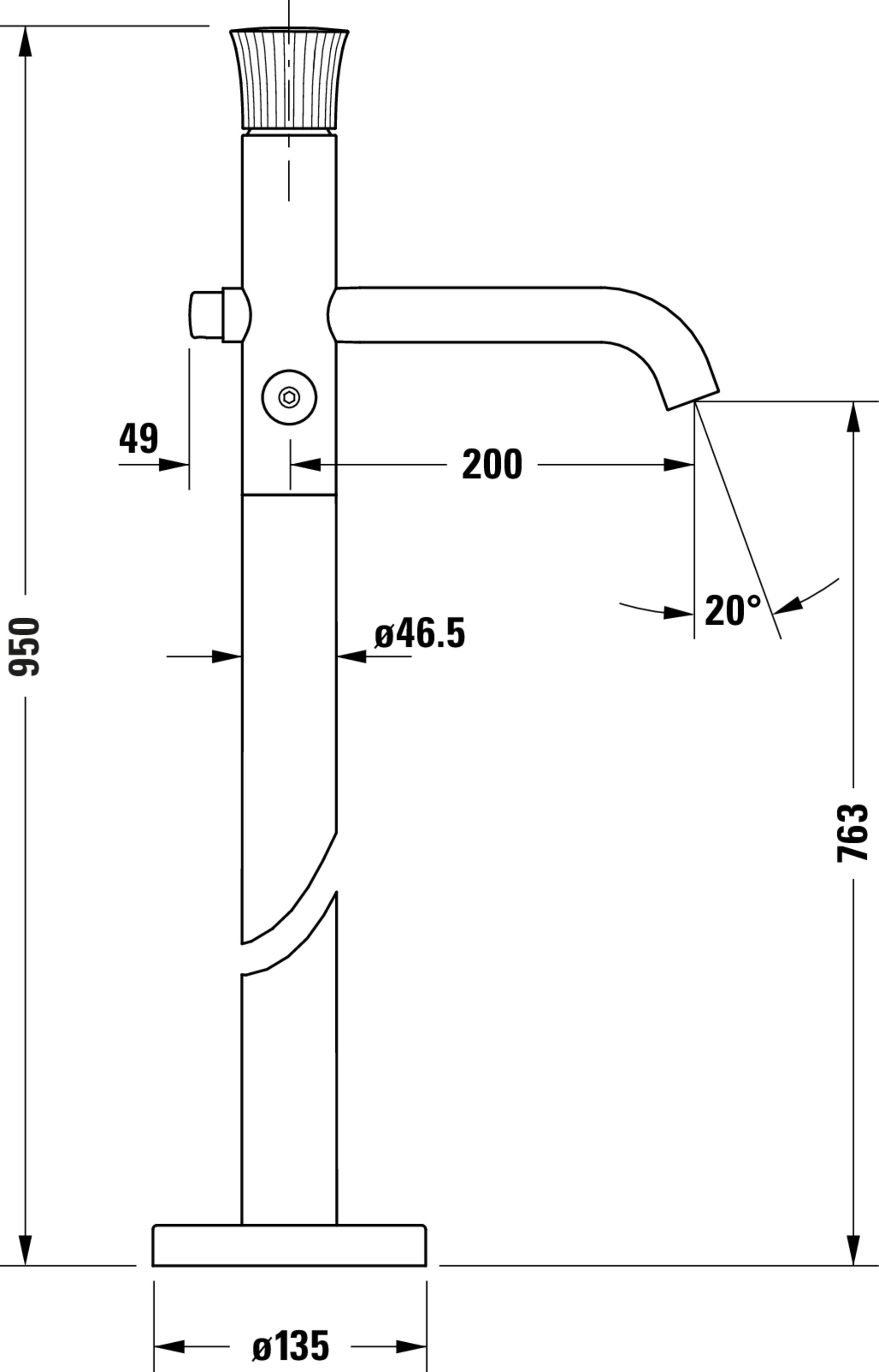 Technische Zeichnungen, Modell Nr.: WT5250000, Einhebel-Wannenmischer bodenstehend, 210 x 950 x 269 mm