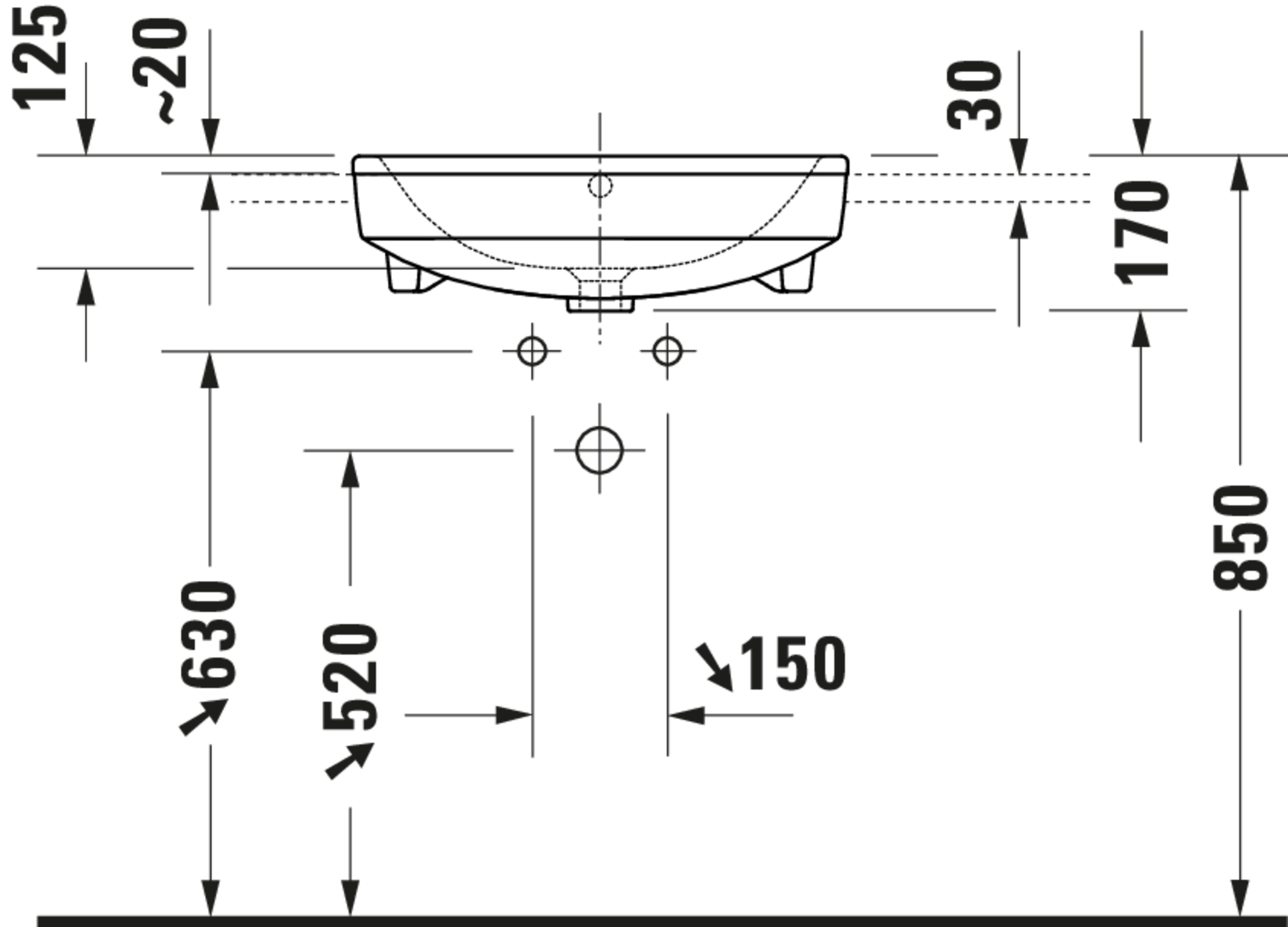 Technische Zeichnungen, Modell Nr.: 037655, Halbeinbauwaschtisch, 550 x 170 x 460 mm