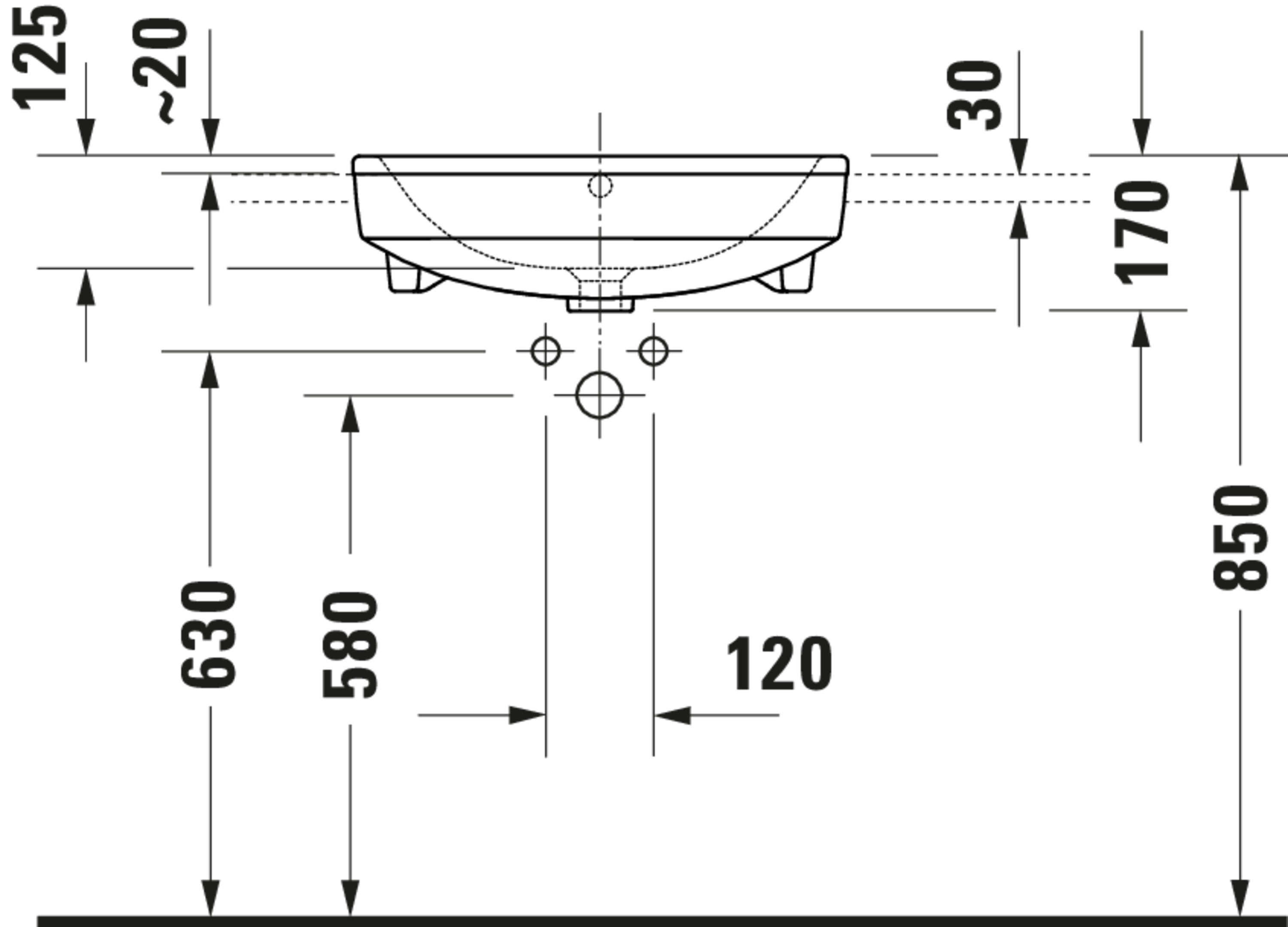 Technische Zeichnungen, Modell Nr.: 037655, Halbeinbauwaschtisch, 550 x 170 x 460 mm