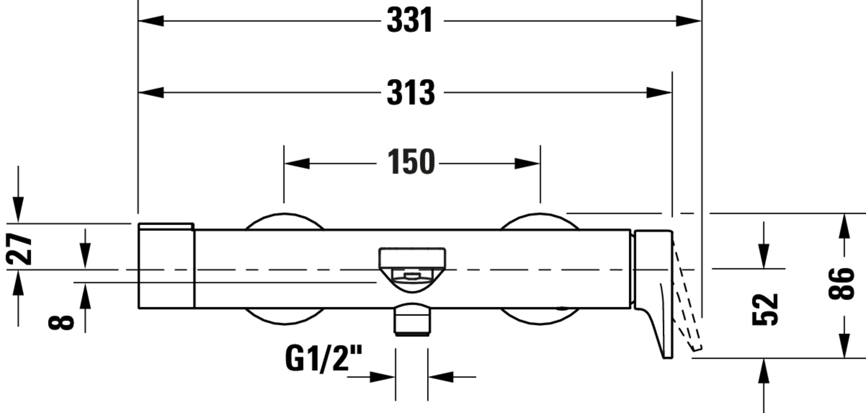 Technische Zeichnungen, Modell Nr.: TU5230000, Einhebel-Wannenmischer Aufputz, 313 x 86 x 191 mm