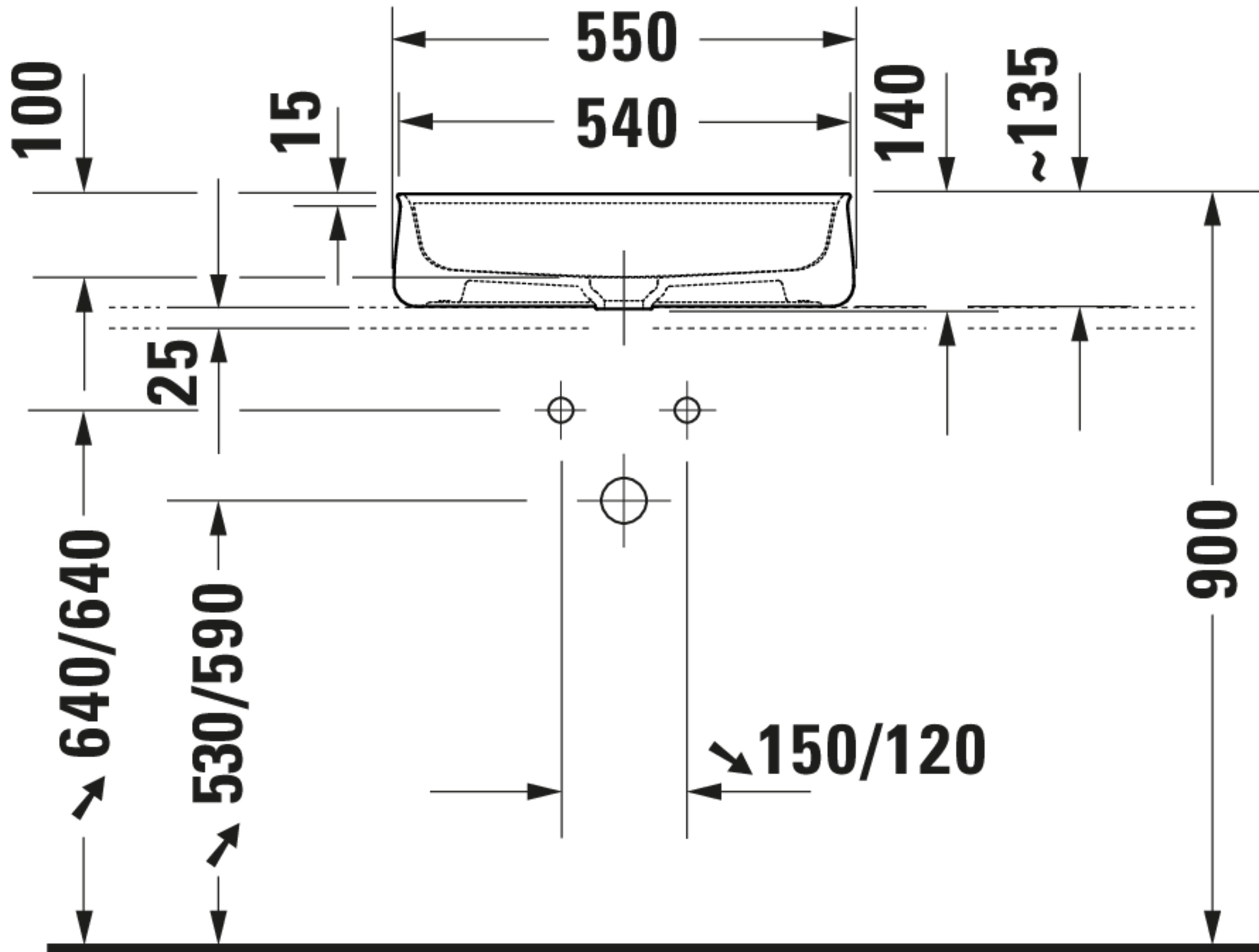 Technische Zeichnungen, Modell Nr.: 237455, Aufsatzbecken, 550 x 135 x 390 mm