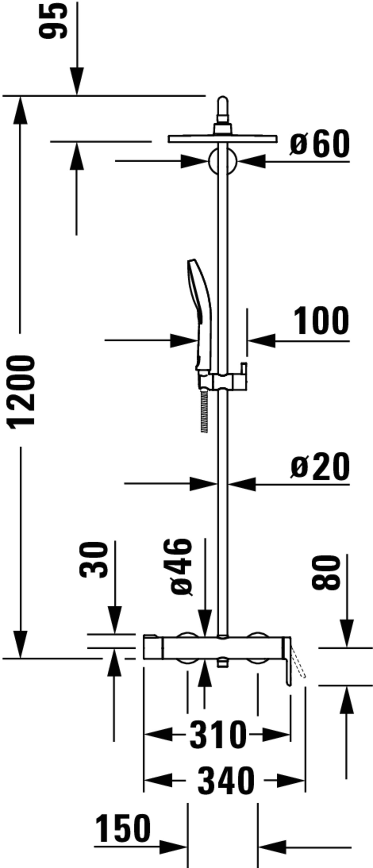 Technische Zeichnungen, Modell Nr.: C14280007, Duschsystem, Chrom, 310 x 1200 x 460 mm