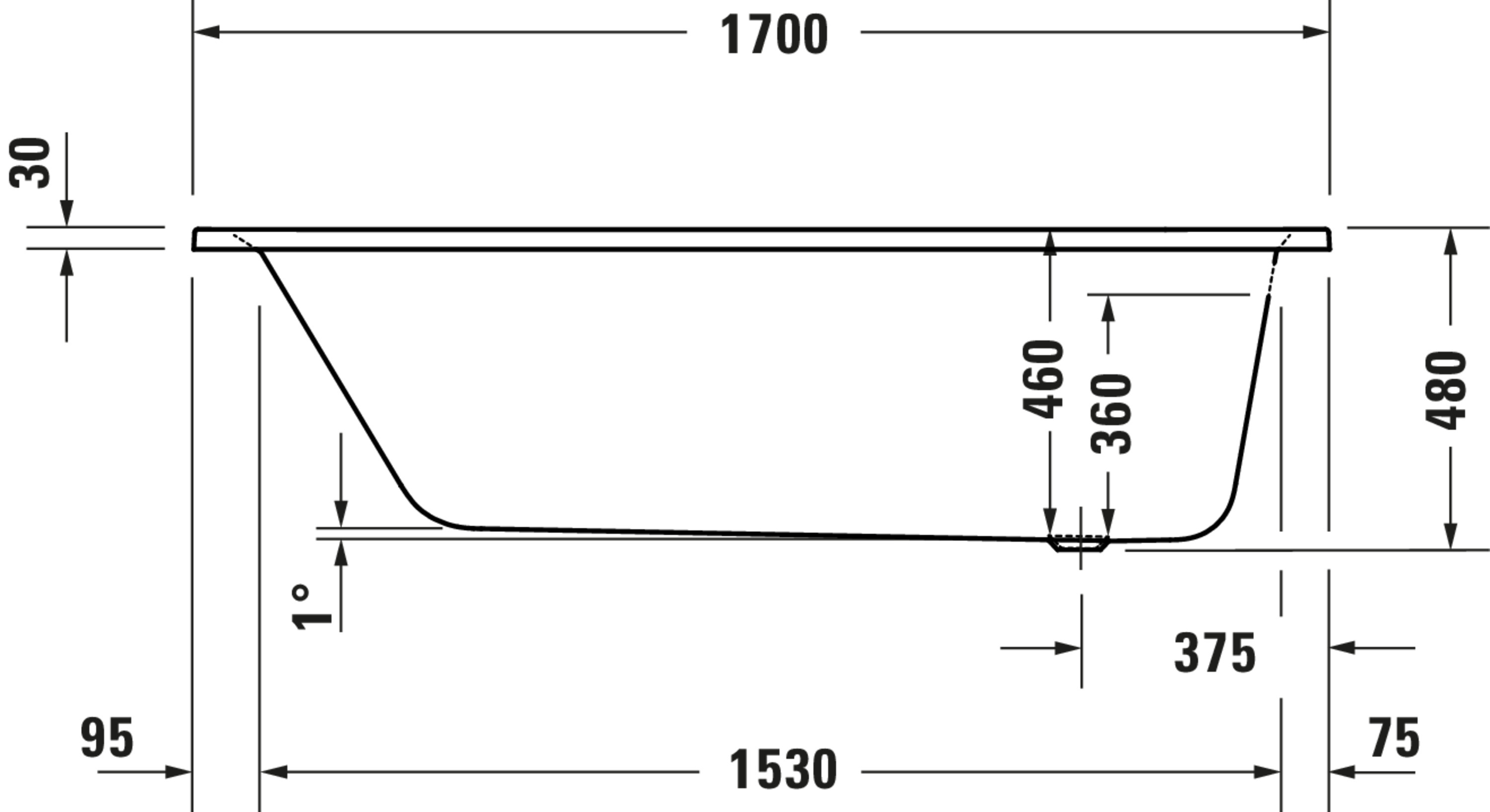 Technische Zeichnungen, Modell Nr.: 700548, Badewanne, Weiß, 1700 x 480 x 750 mm
