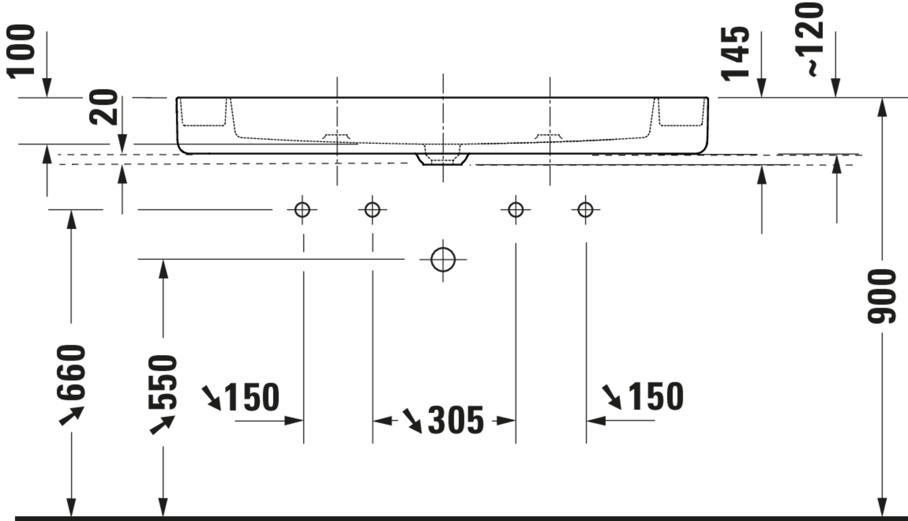 Technische Zeichnungen, Modell Nr.: 266011, Aufsatzbecken, 1140 x 145 x 460 mm