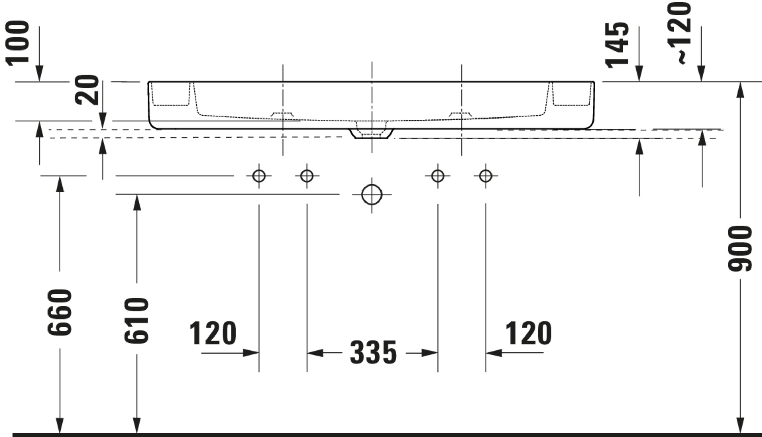 Technische Zeichnungen, Modell Nr.: 266011, Aufsatzbecken, 1140 x 145 x 460 mm