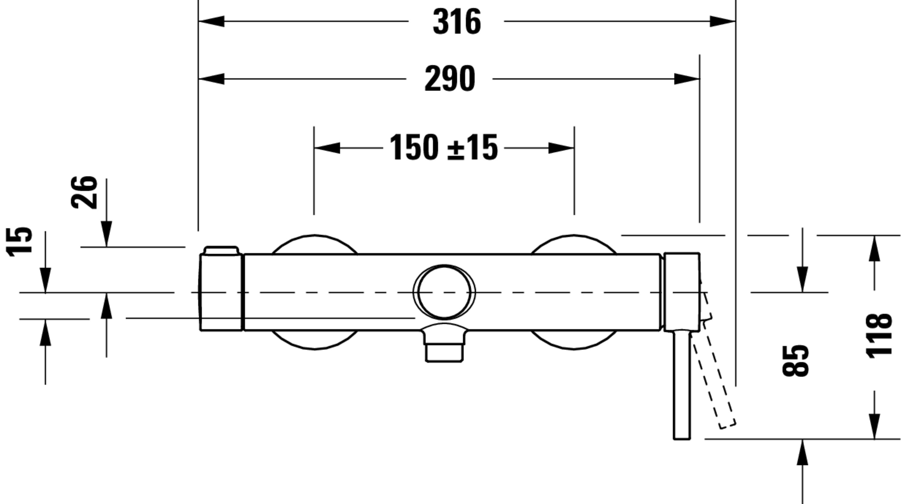 Technische Zeichnungen, Modell Nr.: CE5230000, Einhebel-Wannenmischer Aufputz, Chrom, 290 x 118 x 201 mm
