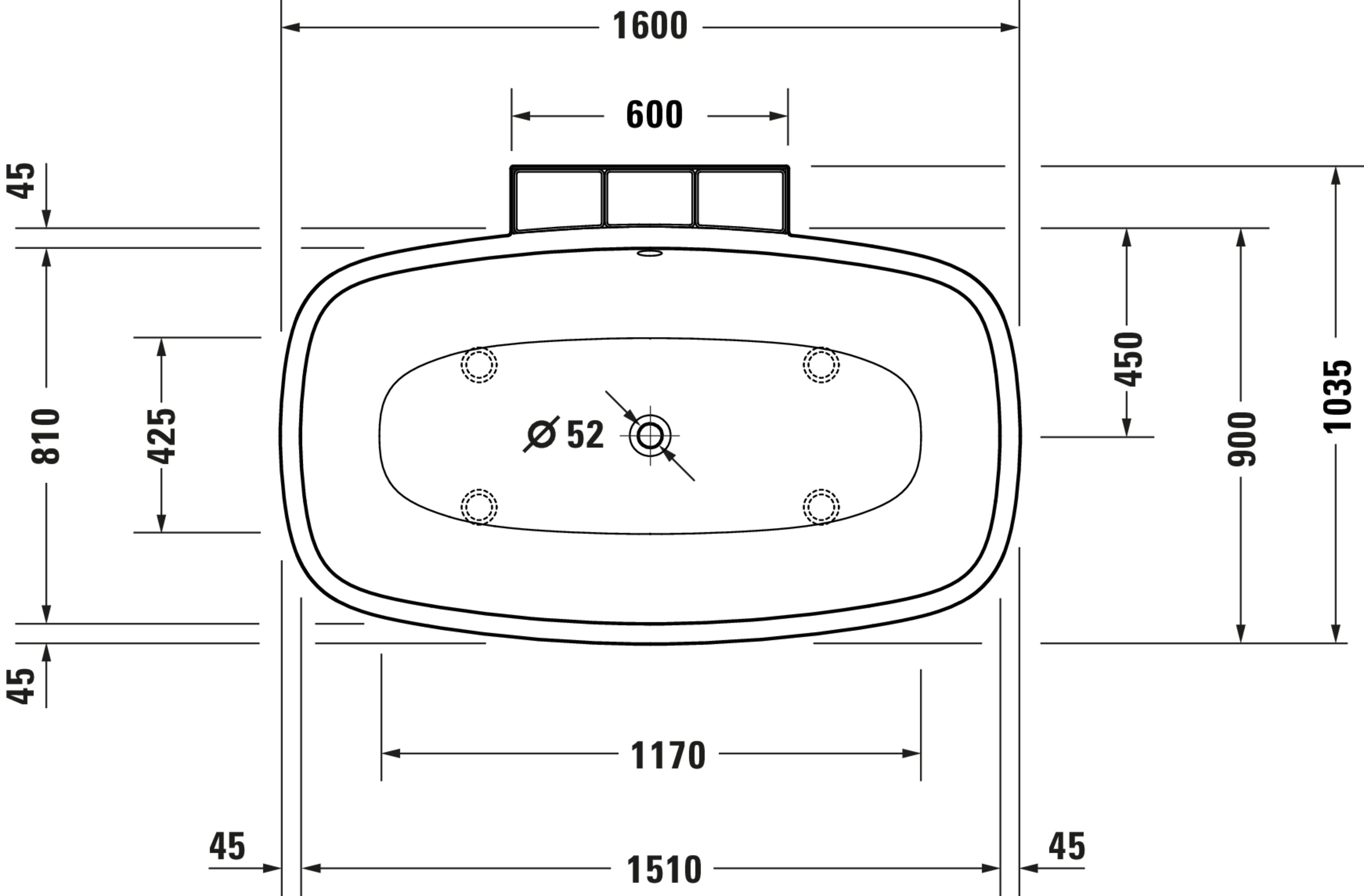 Technische Zeichnungen, Modell Nr.: 700551, Badewanne, Weiß, 1600 x 605 x 1035 mm