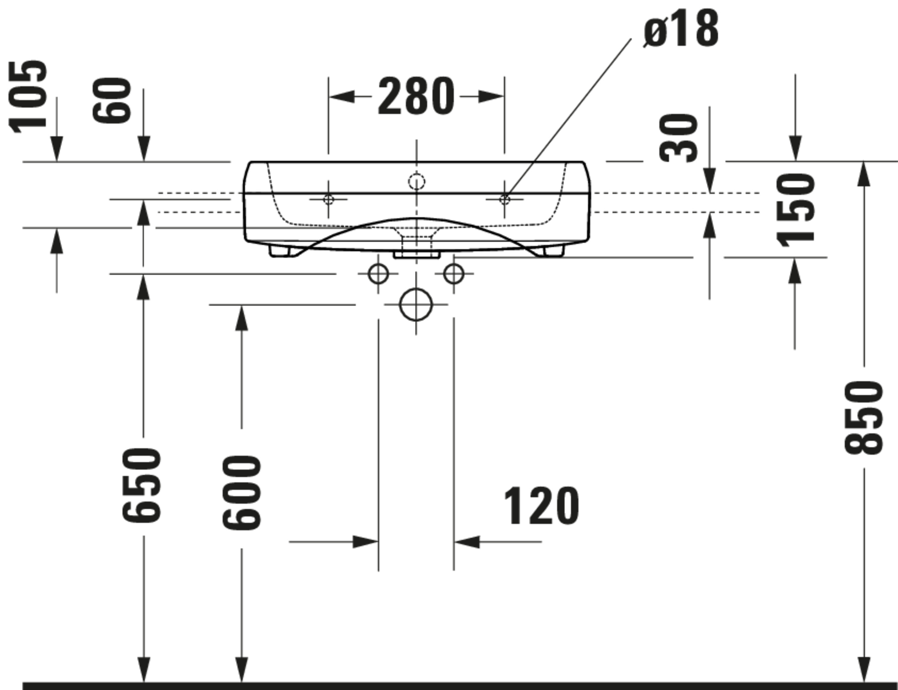 Technische Zeichnungen, Modell Nr.: 039955, Halbeinbauwaschtisch, 550 x 150 x 470 mm