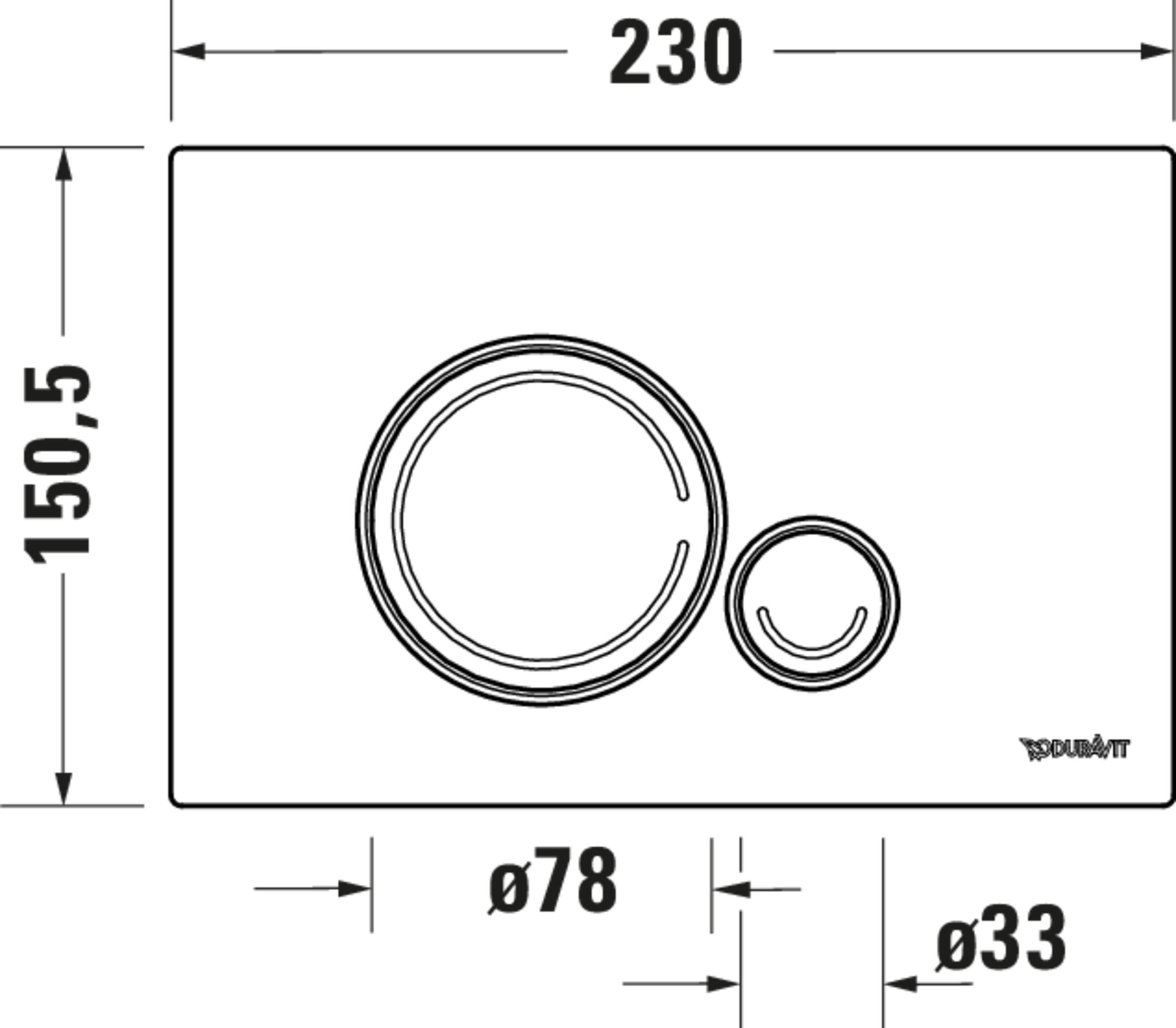 Technische Zeichnungen, Modell Nr.: WD5010, Betätigungsplatte mechanisch für WC, 230 x 150,5 x 6,5 mm